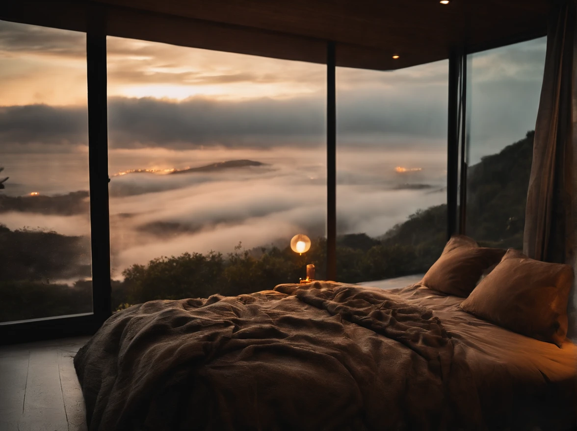 (masterpiece, bestquality),Bedroom with Ocean View,Outside the window,It's raining,Fog,Comfy bed.,Sea of clouds,warm,Evening lighting