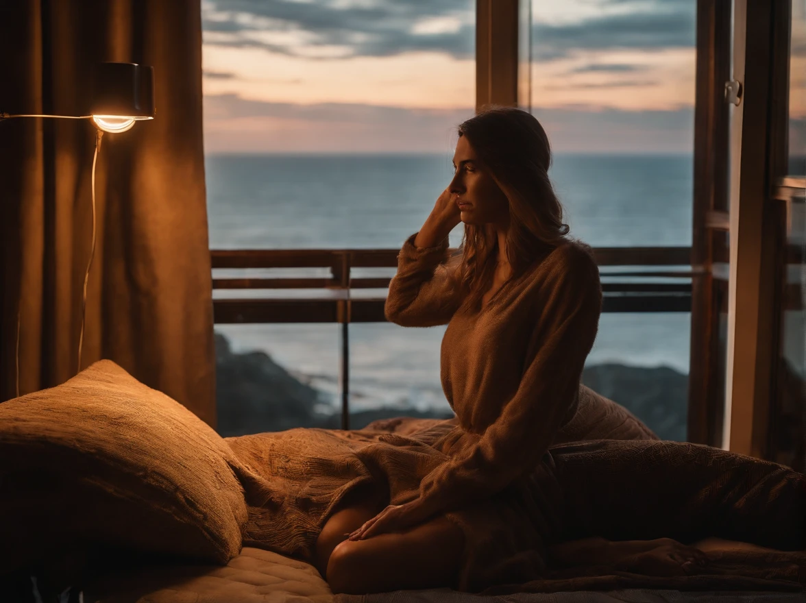(masterpiece, bestquality),Bedroom with Ocean View,Outside the window,It's raining,Fog,Comfy bed.,Sea of clouds,warm,Evening lighting
