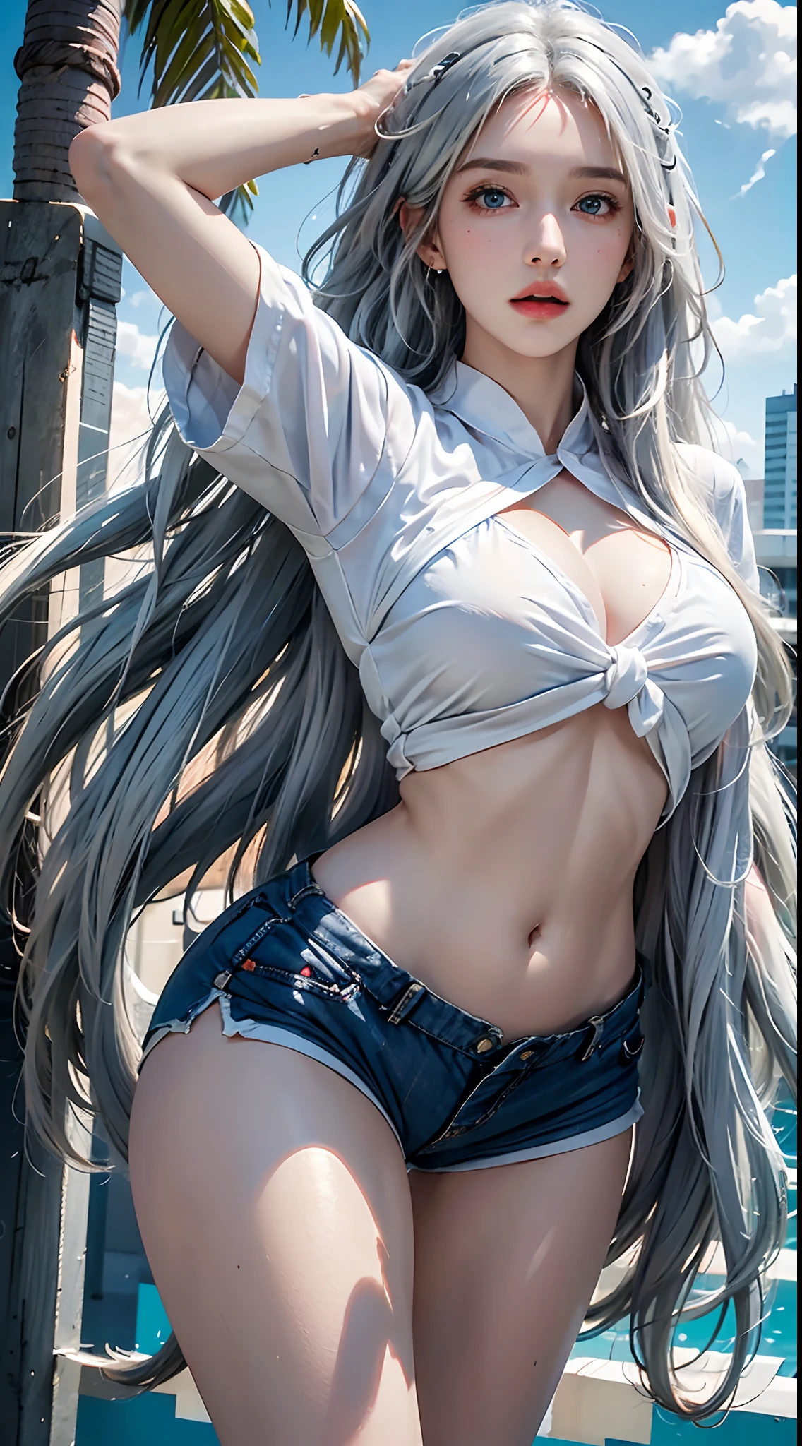 photorealistic, high resolution, soft lights, 1women, solo, hips up, blue eyes, ((white wavy hair): 1.3), tie, (white shirt, red sports shorts), ((medium breasts): 1.2, thighs), outdoor, blue sky and white clouds