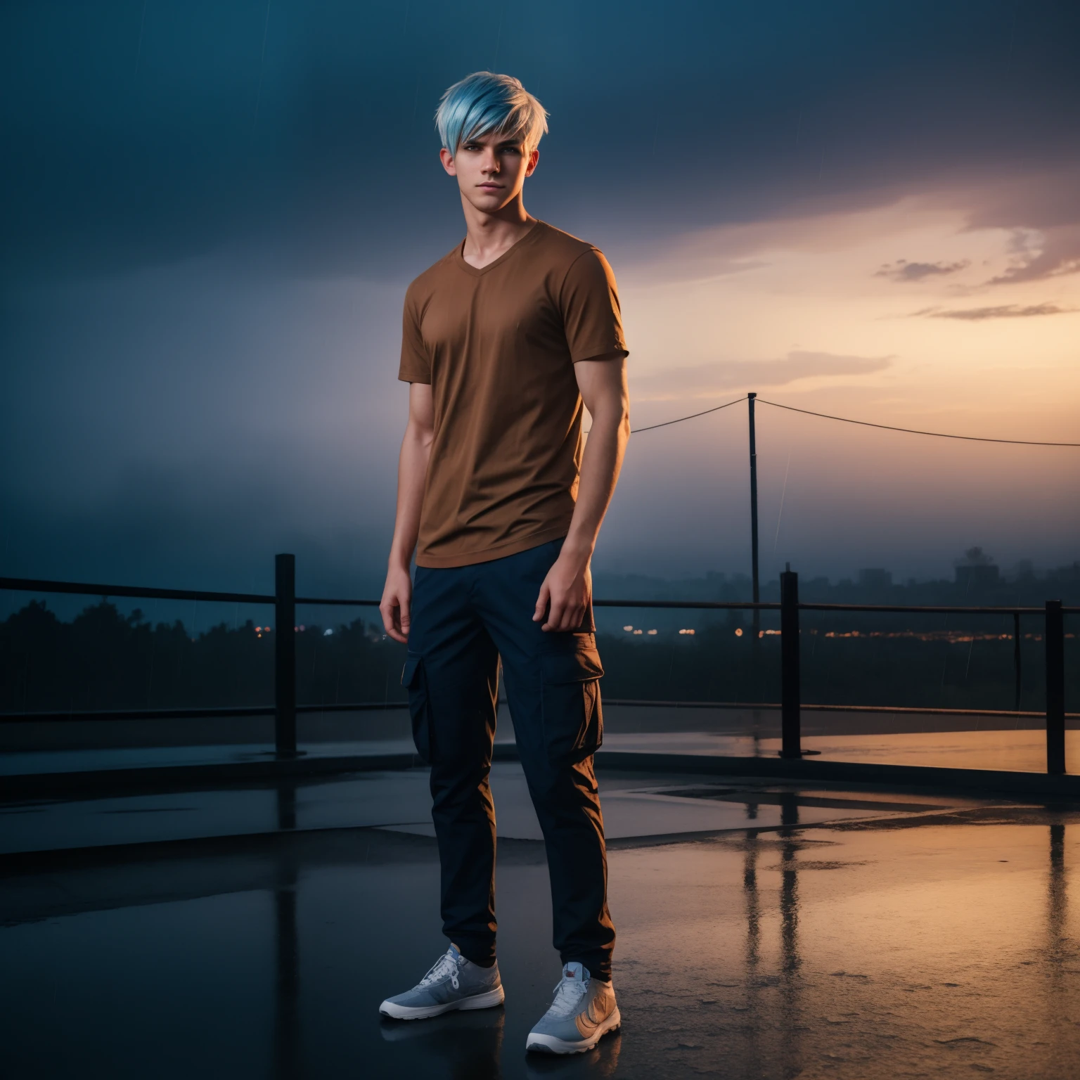 male posing, skinny body, city, atmospheric, cute masculine square face, blue white hair, dead inside, brown shirt, cargo pants, bokeh, background blur, rain, fog, sunset, full body view