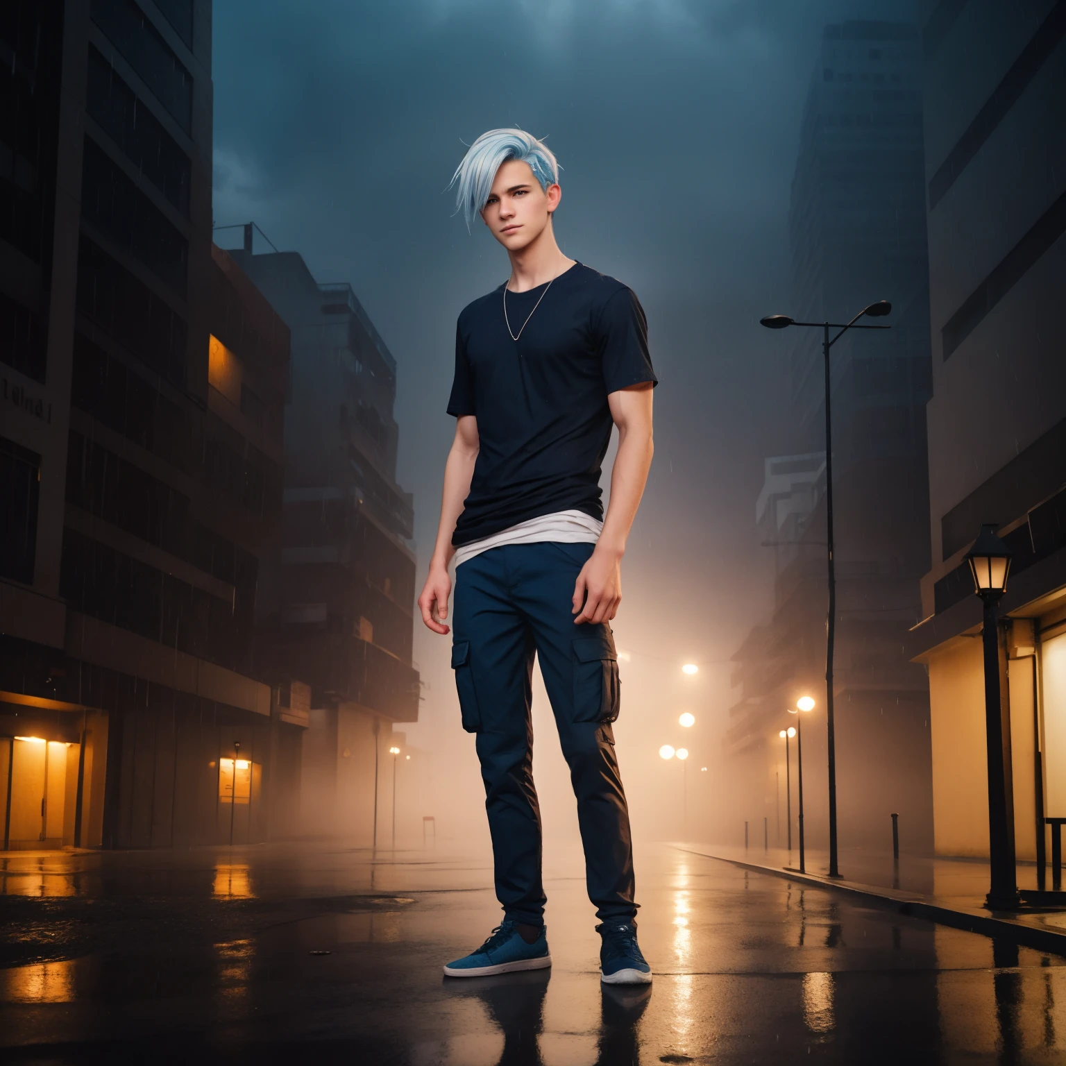  male posing, skinny body, city, atmospheric, cute masculine square face, blue white hair, dead inside, brown shirt, cargo pants, bokeh, background blur, rain, fog, sunset, full body view