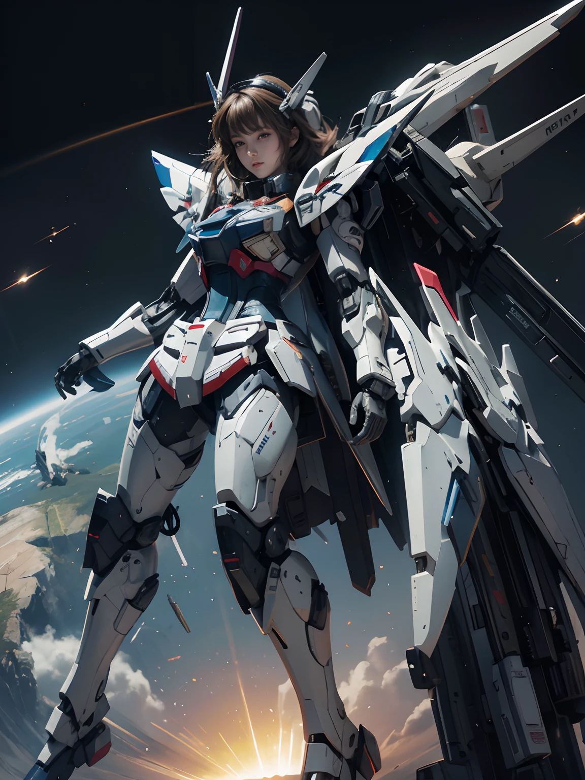 Textured skin, Super Detail, high details,  Best Quality, hight resolution, 1080p, hard disk, a beauty,She wears a futuristic Gundam mecha,(Gundam),Fulll body Shot,