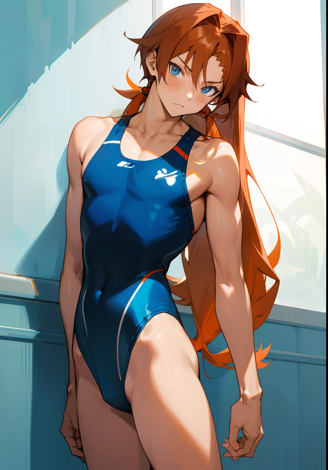 Anime boy in blue swimsuit posing in room, He has long orange-brown hair, Boy with orange long twin tail hair, Boy with long two side up hair in brown, Blue-eyed boy, garments:High-cut swimwear, wearing a swimming wear, Cool anime boy in blue tanksuit, Wearing swimwear, Competitive swimsuit, Tall men, Swimsuit, highleg, onepiece swimsuit, Seductive Anime Boy, sparky swimsuit, Commission for high resolution, (Anime Boy), Rin, Bare shoulders, bare legs, Swimsuit,