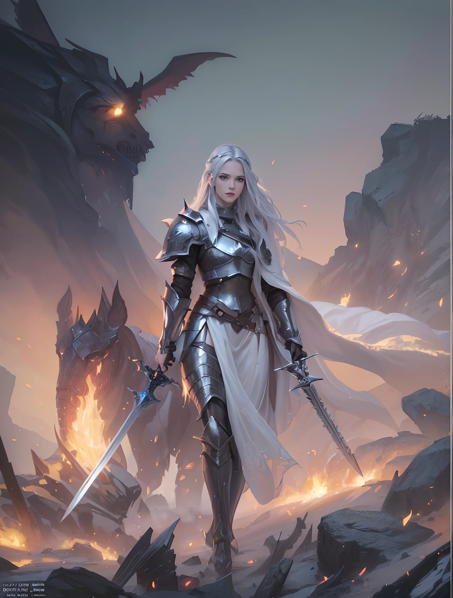 a woman with a sword in her left hand and a sword in her right hand walking through a fire, fantasy paladin woman, a beautiful silver white haired female knight, graphic artist magali villeneuve, gorgeous female paladin with a menacing smile, high quality fantasy art, epic fantasy character art, (realistic, photo-realistic:1.37), (insanely detailed:1.3), 8k, (masterpiece), (best quality:1.4), (ultra high res:1.2), (RAW photo:1.2), professional lighting, cinematic realism