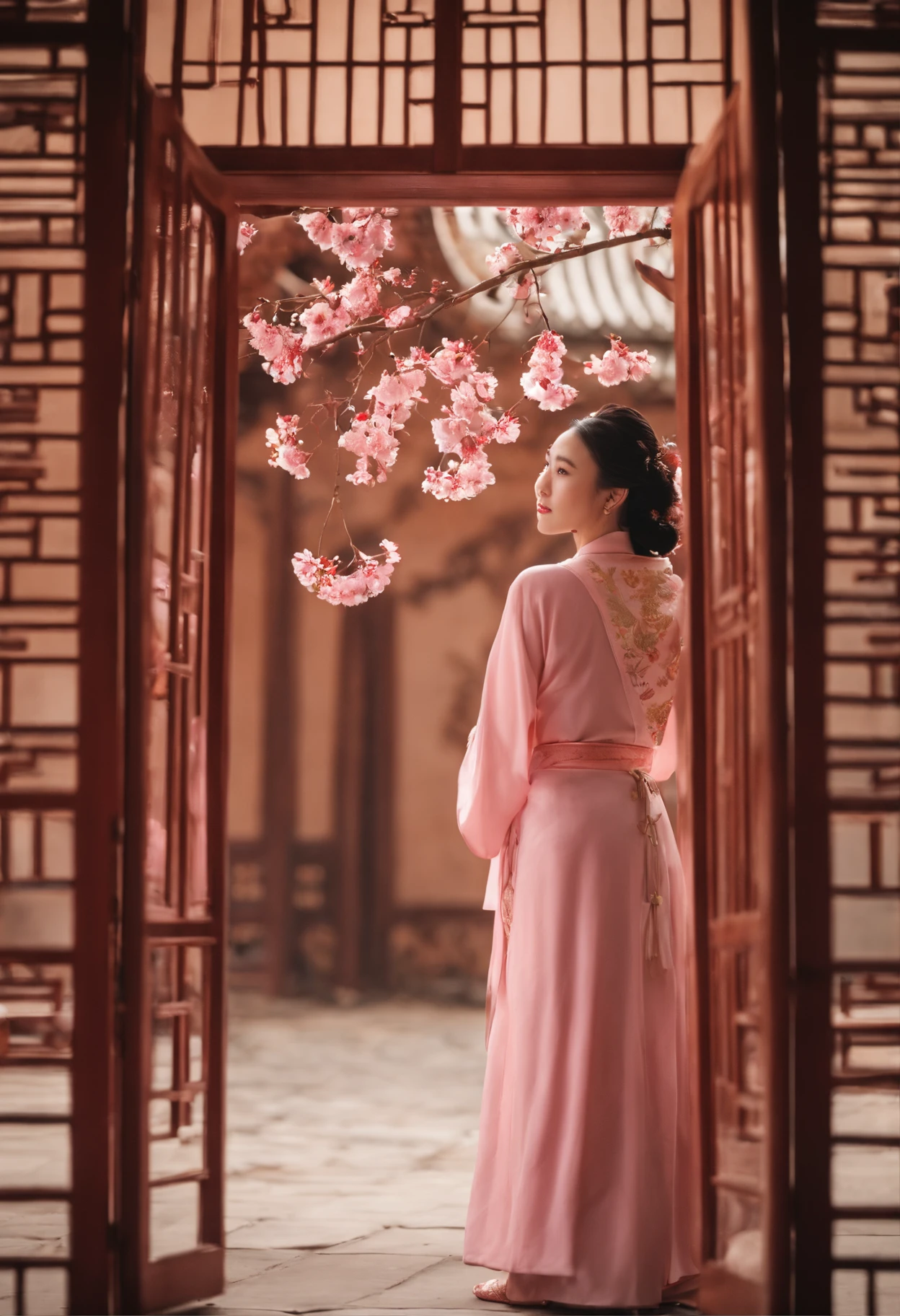 Wuxia style,China-style,Huge copper mirror,petals,peach blossom,In pink,purpleish color,doors,Huge copper mirror,No characters - AR 16:9 --9 2 --s 750**