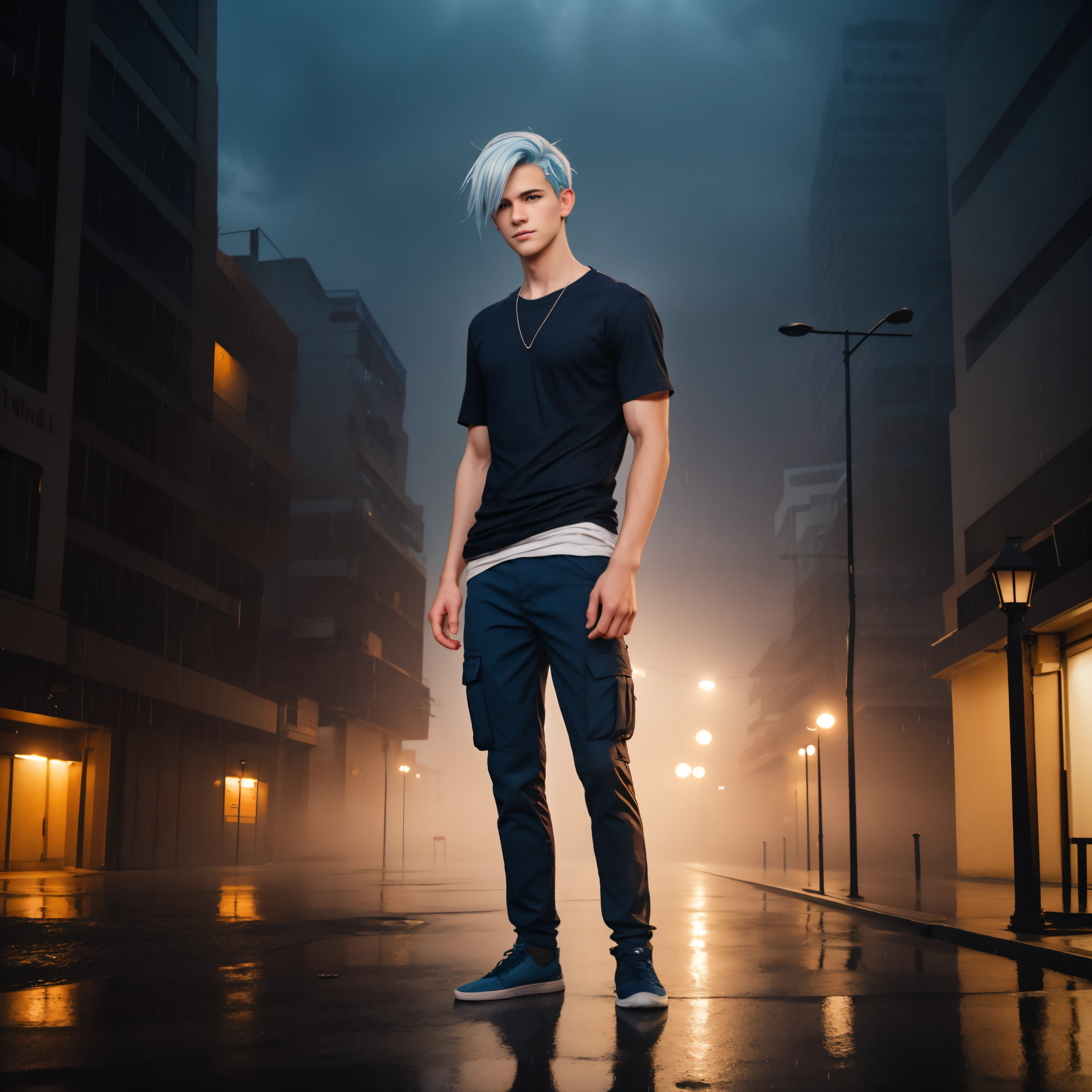 Teen male posing, skinny body, city, atmospheric, cute masculine square face, blue white hair, dead inside, brown shirt, cargo pants, bokeh, background blur, rain, fog, sunset, full body view