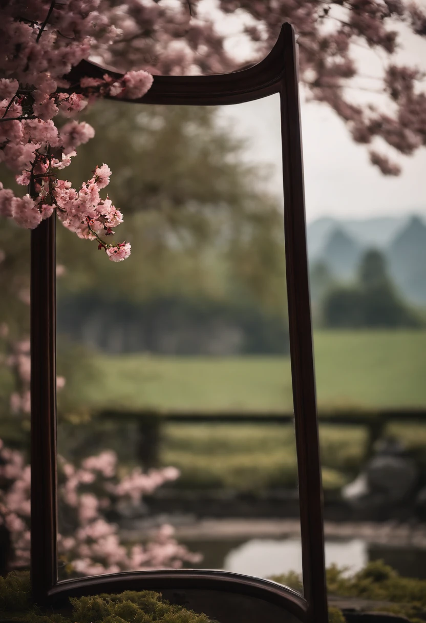 Wuxia style,Huge copper mirror,petals,peach blossom,In pink,purpleish color,Huge copper mirror,No character - AR 16:9 --9 2 --s 750**