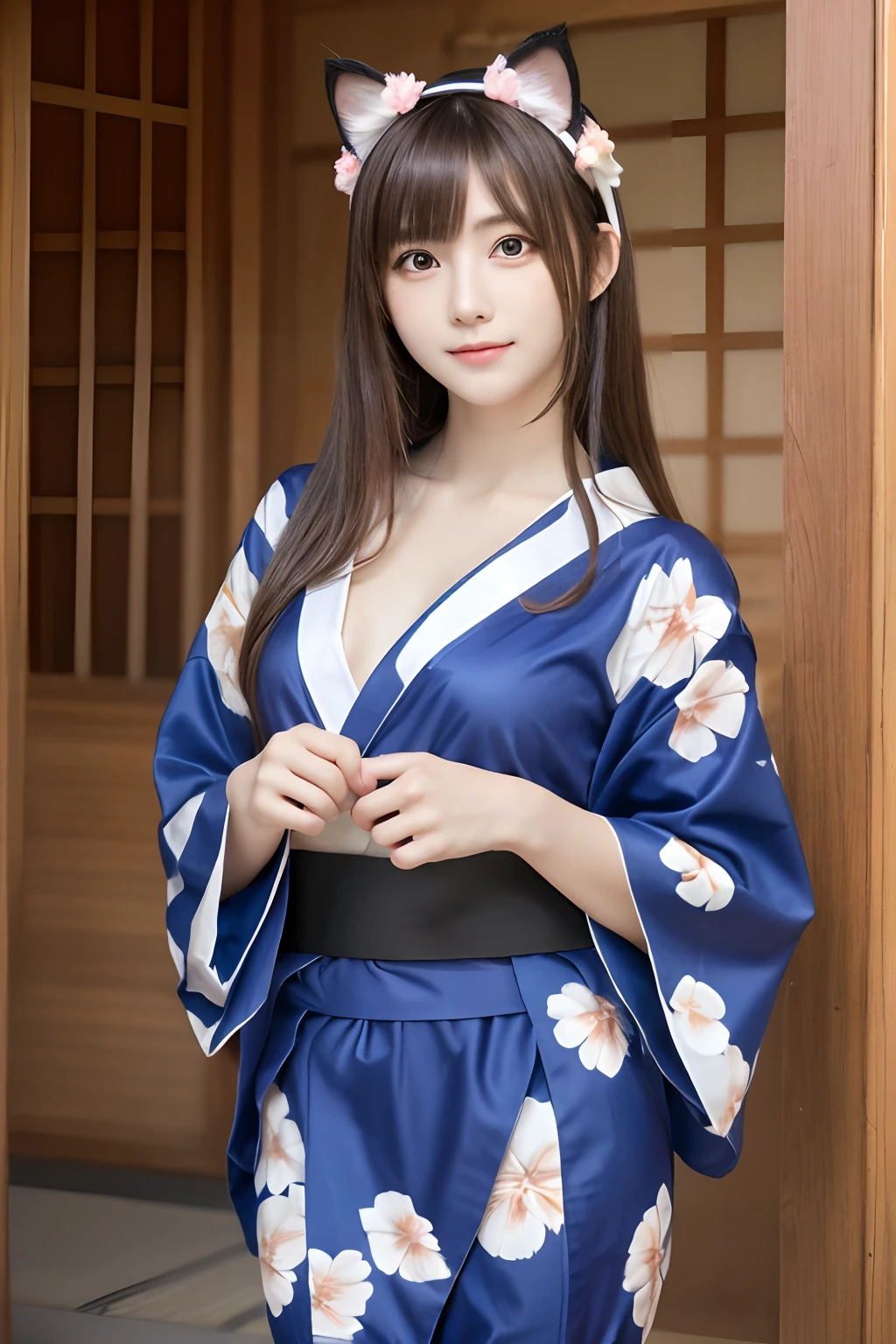 Top quality, fine details, ((beautiful one girl))), very detailed eyes and face, yukata, big tear bags, double eyelids, upbeat cheeks, sweat, embarrassing, lying on the bed, (sideways), fluffy chest, (clean legs), no underwear