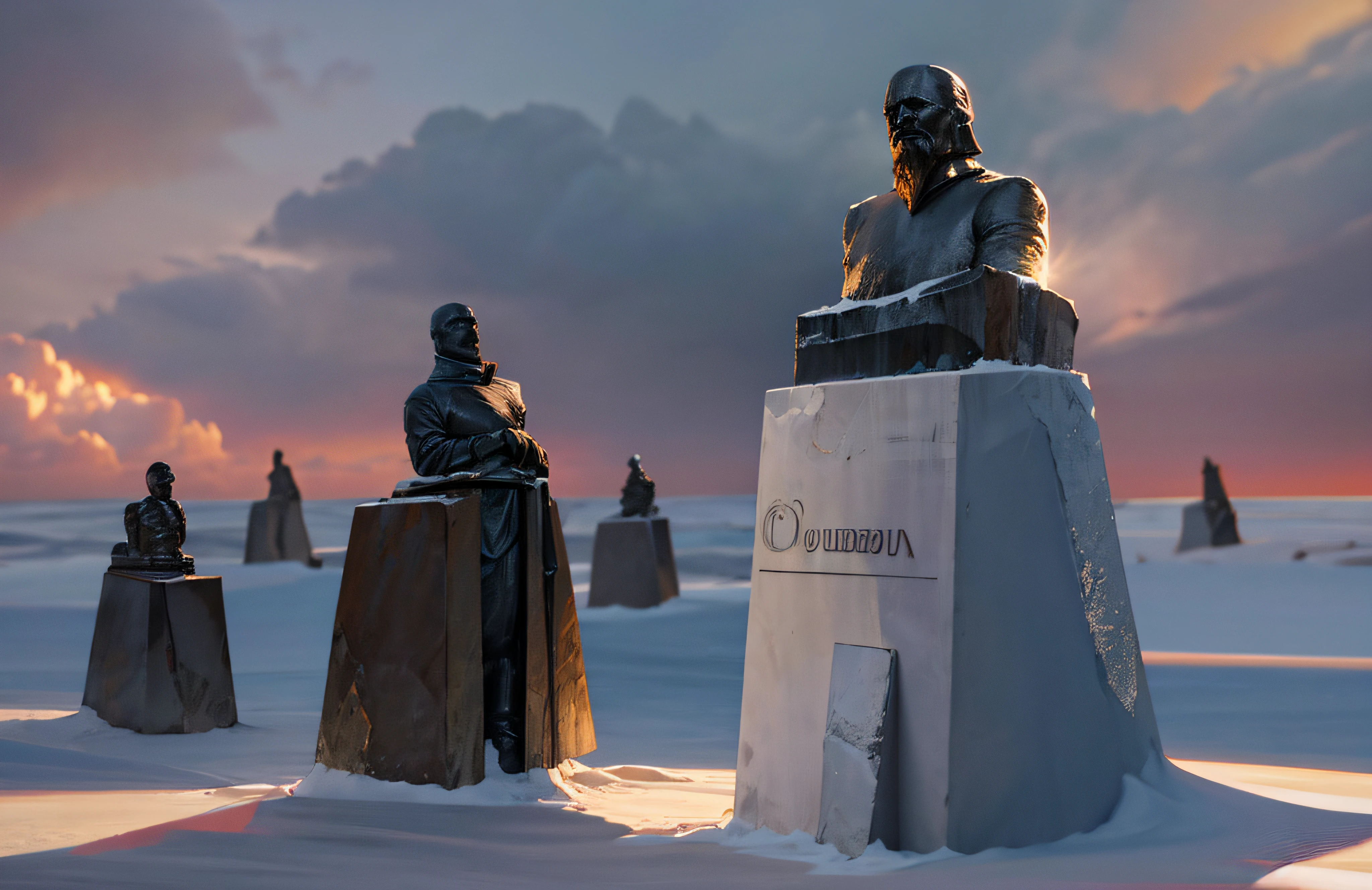 statues of lenin at the south pole of inaccessibility,bronze sculpture,standing tall,frozen landscape,winter snow,Wind swirling around,remoteness,inhospitable,the monument of solitude,isolated location,unforgiving climate,massive statue,monumental presence,ominous aura,majestic,imposing,soviet symbolism,crisp blue sky,subtle lighting,icy windswept surrounds,frigid temperature,detail-captured sculpture,subtle patina on the bronze,sharp angles in the design,facial features crisply defined,contrasting shadows and highlights,grandeur and melancholy blend,contrasts of warmth and coldness,breathtaking sight,monolithic structure,indomitable spirit,living history,remnants of a bygone era,legacy of the past. (best quality,4k,8k,highres,masterpiece:1.2),ultra-detailed,(realistic,photorealistic,photo-realistic:1.37),HDR,UHD,studio lighting,ultra-fine painting,sharp focus,physically-based rendering,extreme detail description,professional,vivid colors,bokeh,portraits,landscape