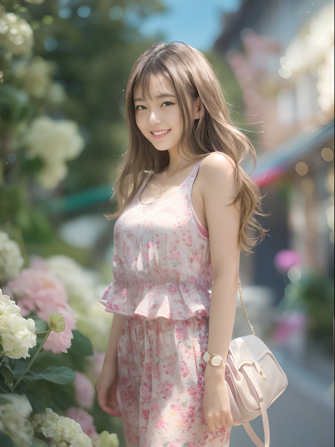 (8K, top-quality, masterpiece:1.2), (realisitic, Photorealsitic:1.37), ultra-detailliert, One girl,cute little, 独奏,Beautiful detailed sky,date,(Nasal blush),(A smile:1.15),(a closed mouth)tiny chest、beatiful detailed eyes、(length hair: 1.2)、Floating Hair NovaFrogStyle、The upper part of the body、Tank Tops、An 18-year-old woman、Happy smile