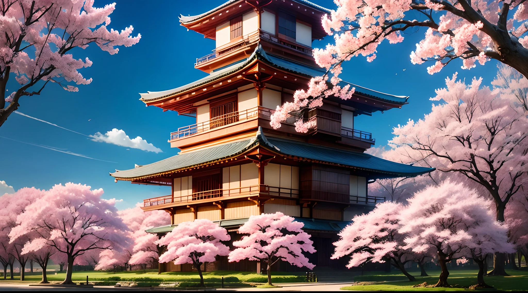 masutepiece、Best Quality、ultra-detailliert、High image quality、Japan Wind Castle、springtime、The cherry tree