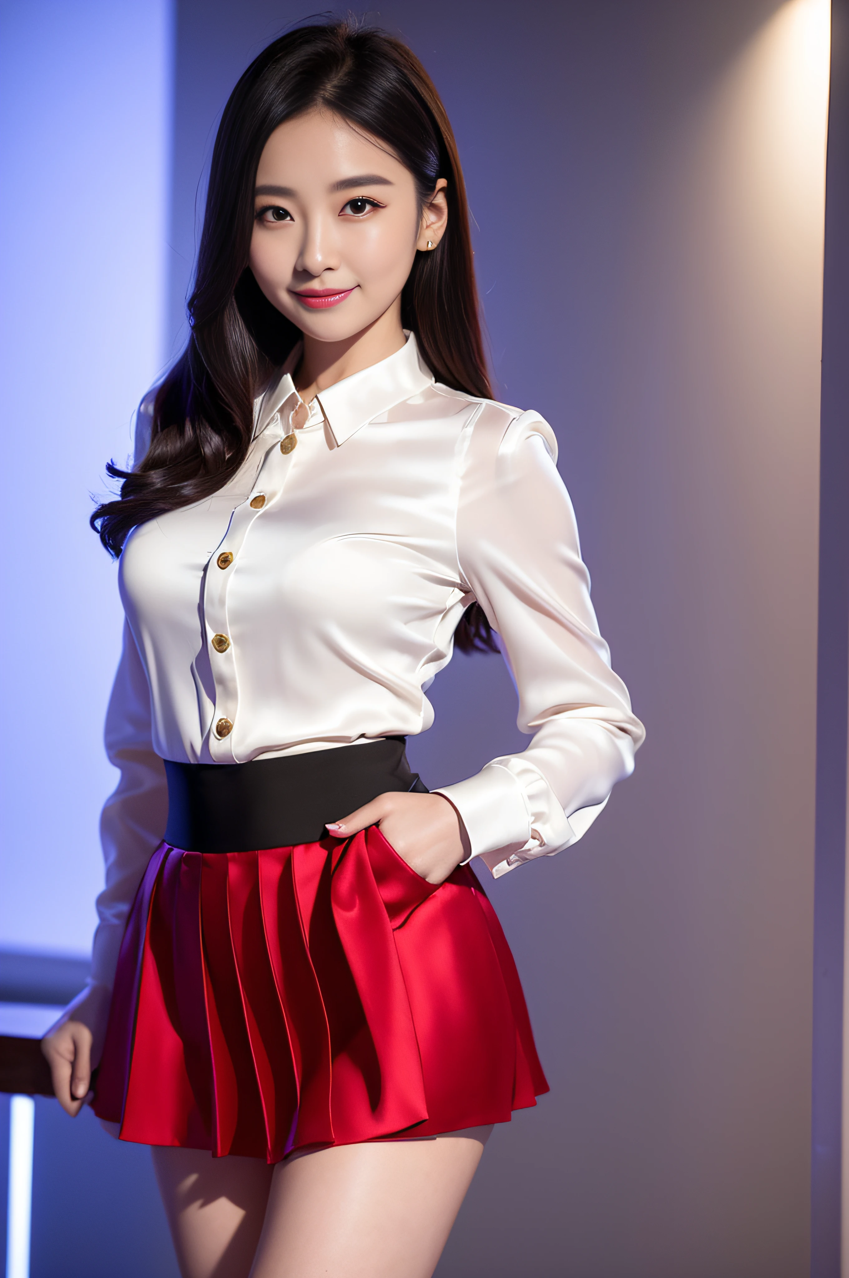 Chinese woman, beautiful face,  masterpiece, HD, photorealistic, smiling, seductive, office wear, wearing office clothes, (long sleeve silk button blouse)), pleated ((silk)) ((skater skirt),  sfw, formal, physics based rendering, sheer blouse sleeves