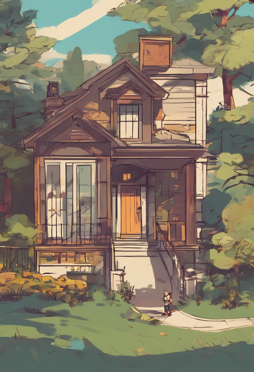 arafed image of a family of four standing in front of a house, concept art by Craig Thompson, trending on cg society, conceptual art, character art closeup, animated still, cartoon style illustration, official art, very stylized, animated film, telltale games style, published art, in style of cory loftis, stylized, family portrait, promotional art