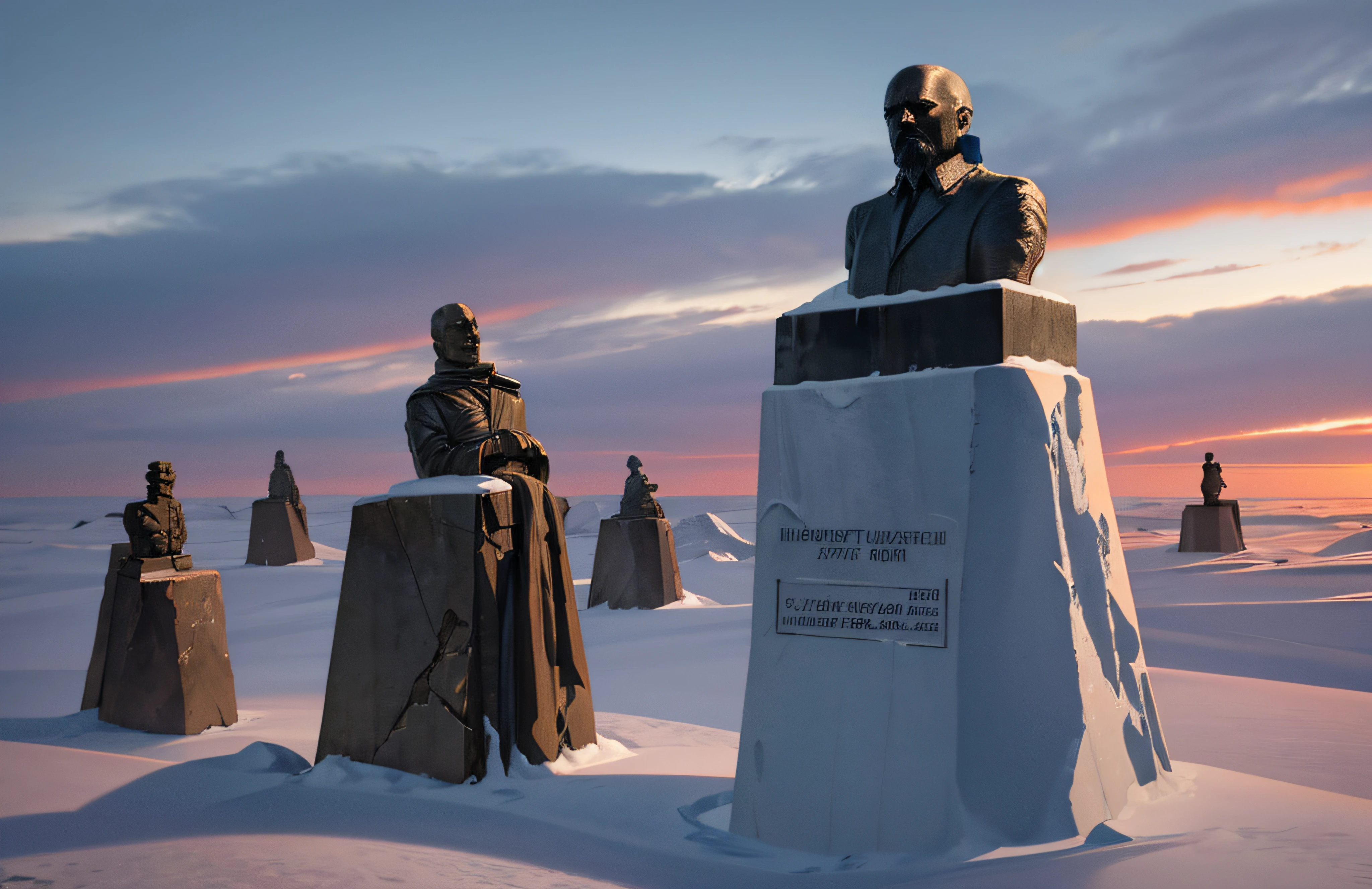 statues of lenin at the south pole of inaccessibility,bronze sculpture,standing tall,frozen landscape,winter snow,Wind swirling around,remoteness,inhospitable,the monument of solitude,isolated location,unforgiving climate,massive statue,monumental presence,ominous aura,majestic,imposing,soviet symbolism,crisp blue sky,subtle lighting,icy windswept surrounds,frigid temperature,detail-captured sculpture,subtle patina on the bronze,sharp angles in the design,facial features crisply defined,contrasting shadows and highlights,grandeur and melancholy blend,contrasts of warmth and coldness,breathtaking sight,monolithic structure,indomitable spirit,living history,remnants of a bygone era,legacy of the past. (best quality,4k,8k,highres,masterpiece:1.2),ultra-detailed,(realistic,photorealistic,photo-realistic:1.37),HDR,UHD,studio lighting,ultra-fine painting,sharp focus,physically-based rendering,extreme detail description,professional,vivid colors,bokeh,portraits,landscape
