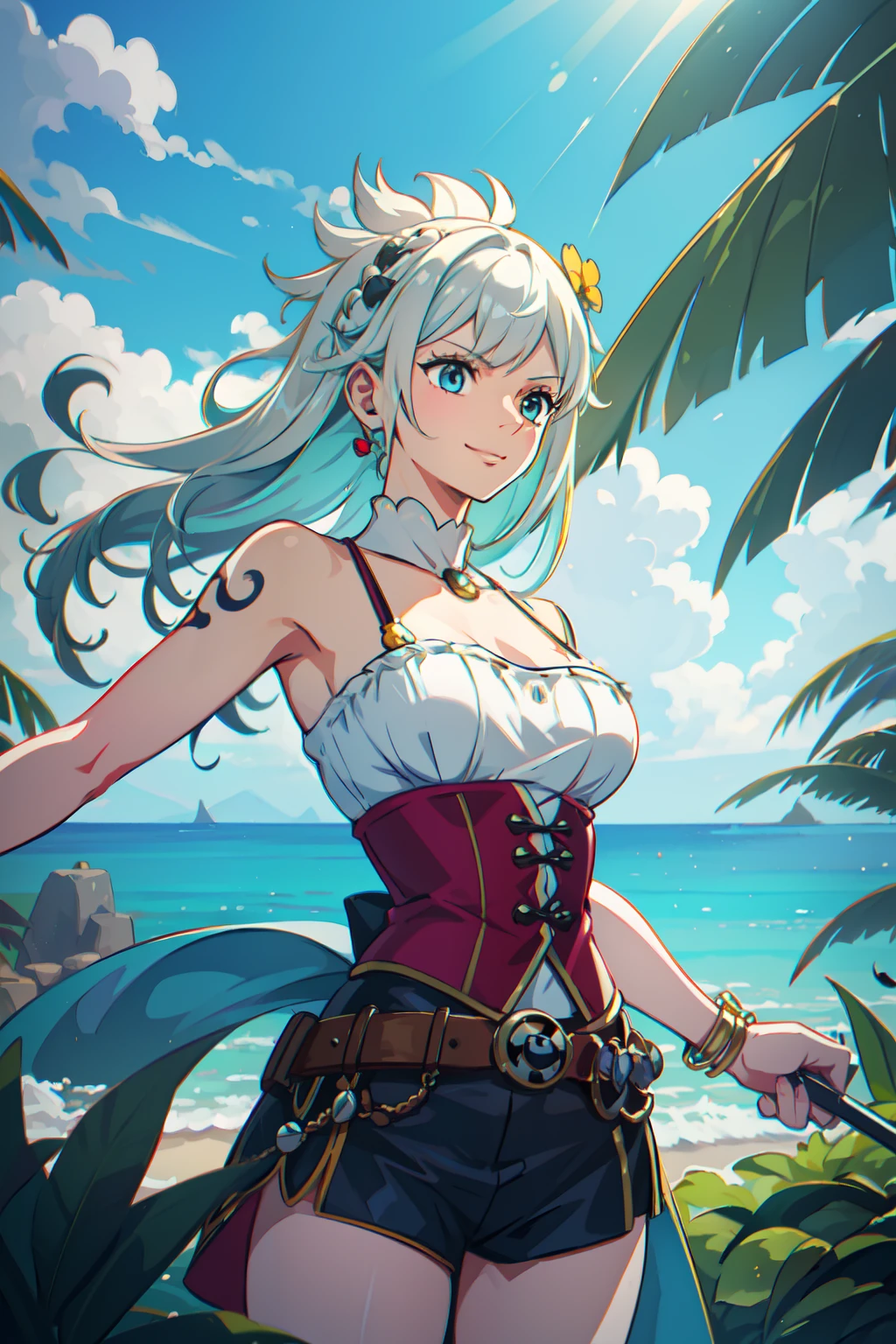 (best quality,4k,8k,highres,masterpiece:1.2), ultra-detailed, (realistic,photorealistic,photo-realistic:1.37), vibrant colors, dynamic lighting, anime style, girl with white hair, cute expression, detailed eyes, luscious lips, member of Heart Pirates, full-body view, pirate outfit, confident posture, holding a cutlass, standing in a tropical jungle, sunlight filtering through the leaves, vibrant flowers blooming around her, a mischievous smile on her face, a small monkey perched on her shoulder, intricate tattoos on her arms and legs, a decorative hairpin adorned with a skull and crossbones clip, wind blowing her hair softly, creating a sense of movement, background of a pirate ship sailing on a calm turquoise sea, clear blue sky with fluffy white clouds, sense of adventure and freedom permeating the scene, overall playful and lively atmosphere.