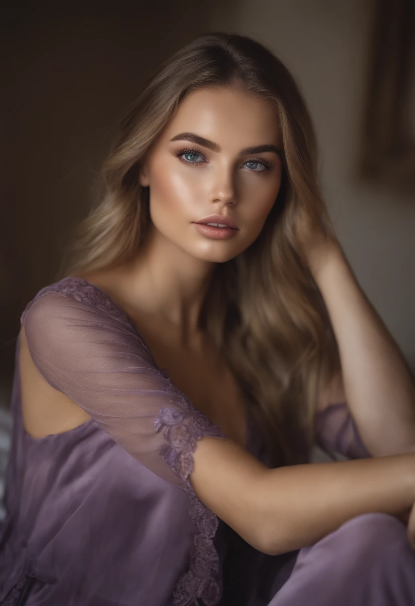 Arafed woman completely , fille sexy aux yeux bleus, ultra realist, Meticulously detailed, Portrait Sophie Mudd, cheveux blonds et grands yeux, selfie of a young woman, Yeux de chambre, Violet Myers, sans maquillage, maquillage naturel, looking straight at camera, Visage avec Artgram, Maquillage subtil, Great photo of the whole body kneeling on the bed, dans la chambre, Medium to large bust