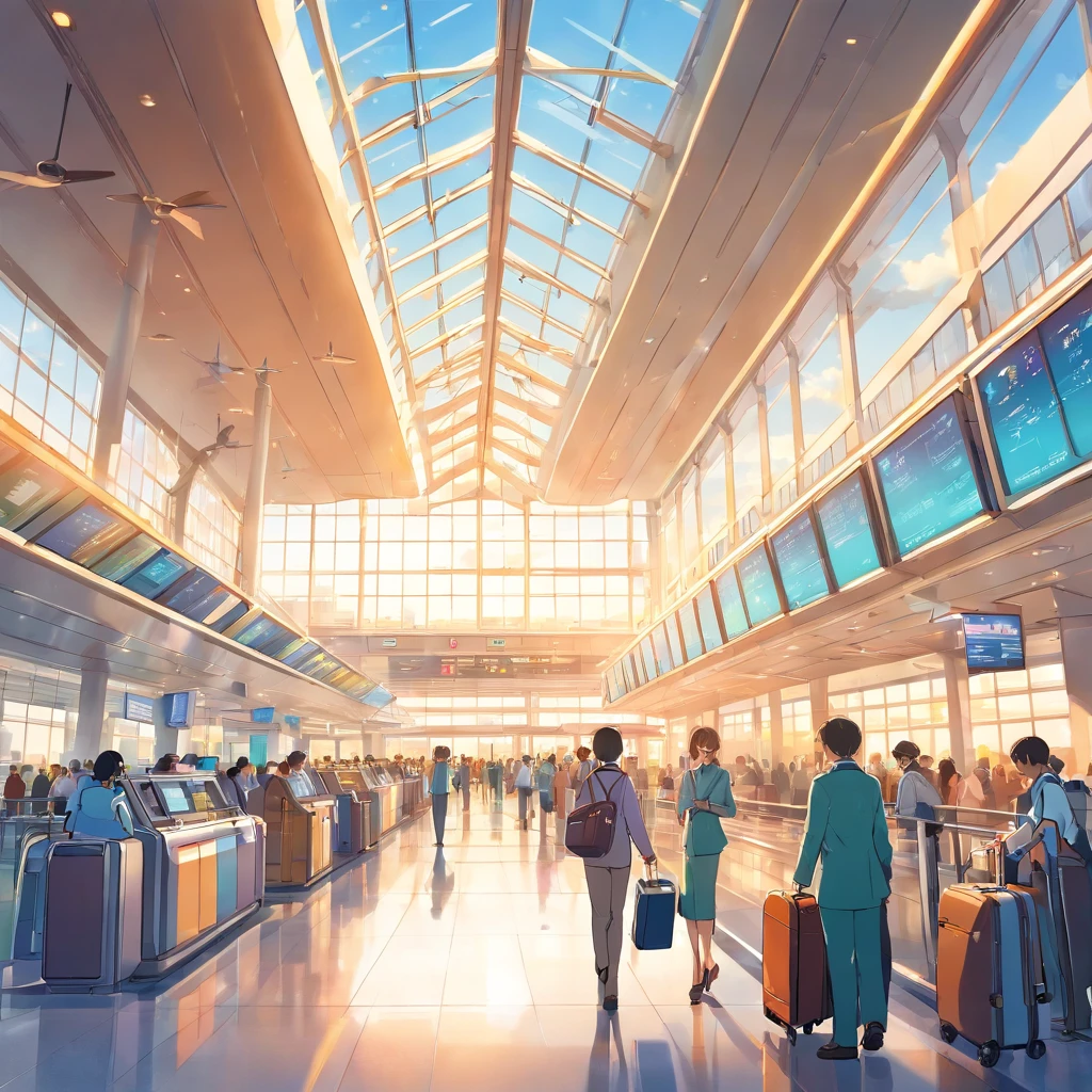 (best quality,8K,masterpiece:1.2),Large panoramic window with a breathtaking view of the planes taking off and landing in the morning at the airport terminal. Sunlight gently filters through the glass, casting a warm and golden glow across the bustling scene. The airport terminal is filled with a sense of anticipation and excitement as travelers prepare for their journeys. Passengers in fashionable attire can be seen with suitcases in hand, eagerly waiting at the check-in counters. Airport staff wearing professional uniforms are diligently assisting passengers and ensuring a smooth travel experience. The architecture of the terminal is sleek and modern, with clean lines and a spacious layout. Colorful digital flight information boards display real-time updates of arrivals and departures. The air inside is filled with a mix of scents, from the aroma of freshly brewed coffee to the subtle fragrance of duty-free perfumes. The atmosphere is vibrant, yet serene, as travelers exchange smiles and laughter, creating a sense of camaraderie. The scene captures the dynamic energy and the anticipation of new adventures that lie ahead. The colors are vivid and the details are ultra-detailed, depicting the airport terminal with stunning clarity. The image portrays a realistic and photorealistic representation of the bustling airport, effortlessly bringing it to life. The lighting is skillfully done, emphasizing the natural sunlight pouring in through the window, while also illuminating the interior spaces with a soft and inviting glow. The overall composition exudes a sense of grandeur and sophistication, immersing the viewer in the world of travel and exploration.