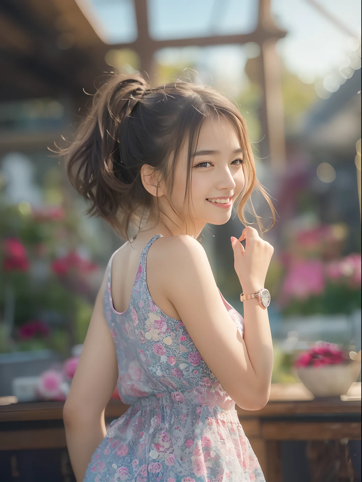 (8K, top-quality, masterpiece:1.2), (realisitic, Photorealsitic:1.37), ultra-detailliert, One girl,cute little, 独奏,Beautiful detailed sky,date,(Nasal blush),(A smile:1.15),(a closed mouth)tiny chest、beatiful detailed eyes、(length hair: 1.2)、Floating Hair NovaFrogStyle、The upper part of the body、Tank Tops、An 18-year-old woman、Happy smile