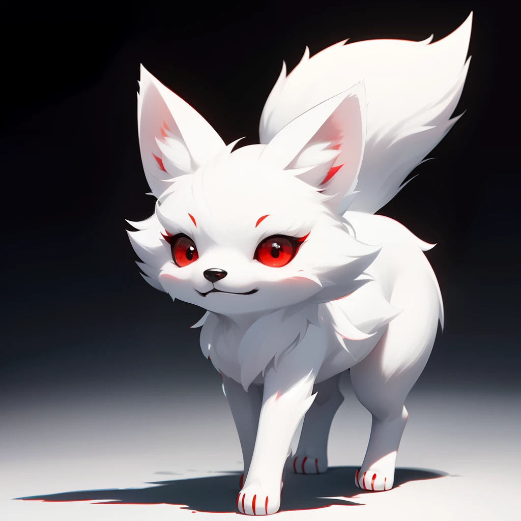 (best quality,ultra-detailed),((anime style)),(vivid colors:1.1),(bokeh:1.1),artistic,carefully drawn,soft texture,striking contrast,elegant posture,delicate features,adorable expression,charming gaze,playful demeanor,endearing,mesmerizing,subtle shadowing,subdued lighting,attention to detail,highly defined whiskers,sleek and smooth fur,pure color palette,glossy finish,simple composition,sublime simplicity,depth and dimension,exquisite beauty,emotive and captivating,A cute small white fox in the black background,(red eyes,small,white fur,full body),running,angry