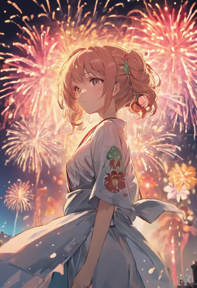 Summer Day Festival,fire works,Festival Background,A twenty-year-old woman wears a light-colored Japanese yukata,black color hair,Shoulders exposed,crisp breasts,cleavage,Clear detail,orthofacial