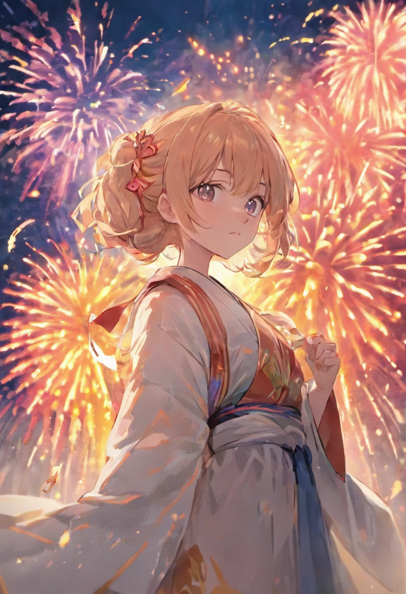 Summer Day Festival,fire works,Festival Background,A twenty-year-old woman wears a light-colored Japanese yukata,black color hair,Shoulders exposed,crisp breasts,cleavage,Clear detail,orthofacial