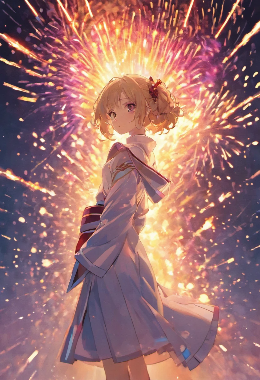 Summer Day Festival,fire works,Festival Background,A twenty-year-old woman wears a light-colored Japanese yukata,black color hair,Shoulders exposed,crisp breasts,cleavage,Clear detail,orthofacial