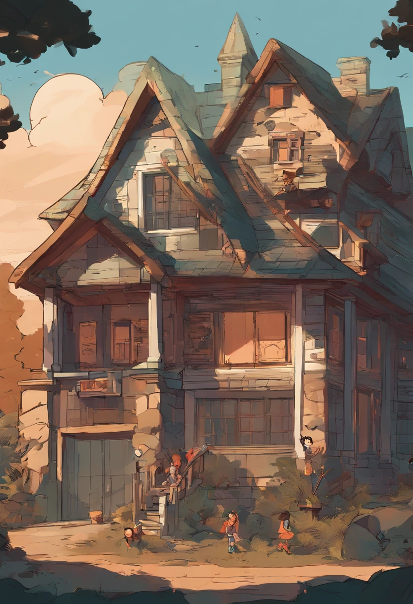 arafed image of a family of four standing in front of a house, concept art by Craig Thompson, trending on cg society, conceptual art, character art closeup, animated still, cartoon style illustration, official art, very stylized, animated film, telltale games style, published art, in style of cory loftis, stylized, family portrait, promotional art
