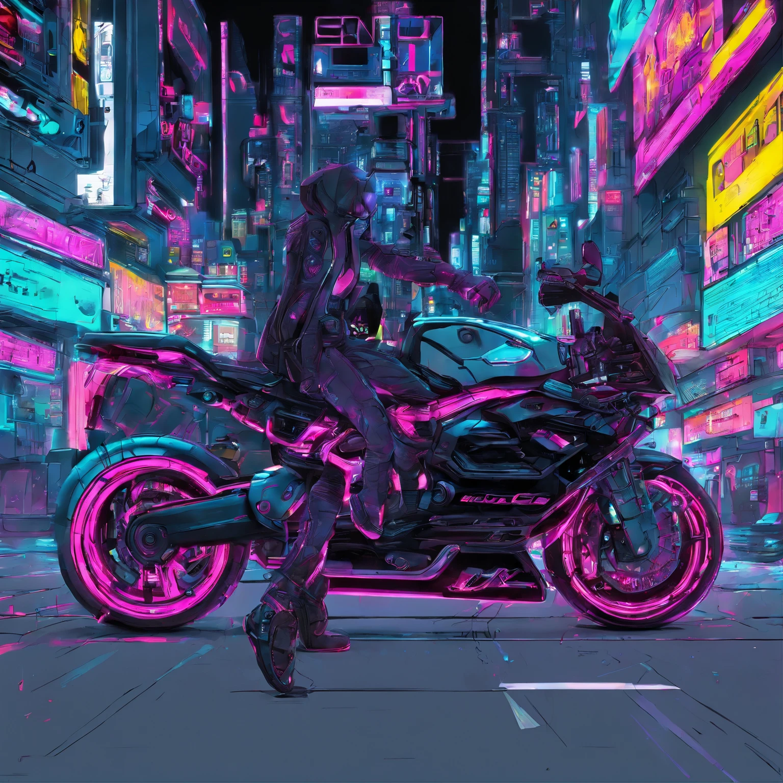 Cyberpunk style bikes, Colored in black and neon, It has a complex and complex mechanical structure with glowing parts. Simple background, photographed:Jürgen Teller. camera model: Sony a9 II. Camera parameters: Shutter Speed 1/200, Aperture F4.5, ISO 800. Lighting style: streetlights. Fancy language: Powerful, sleek,  Futuristic
