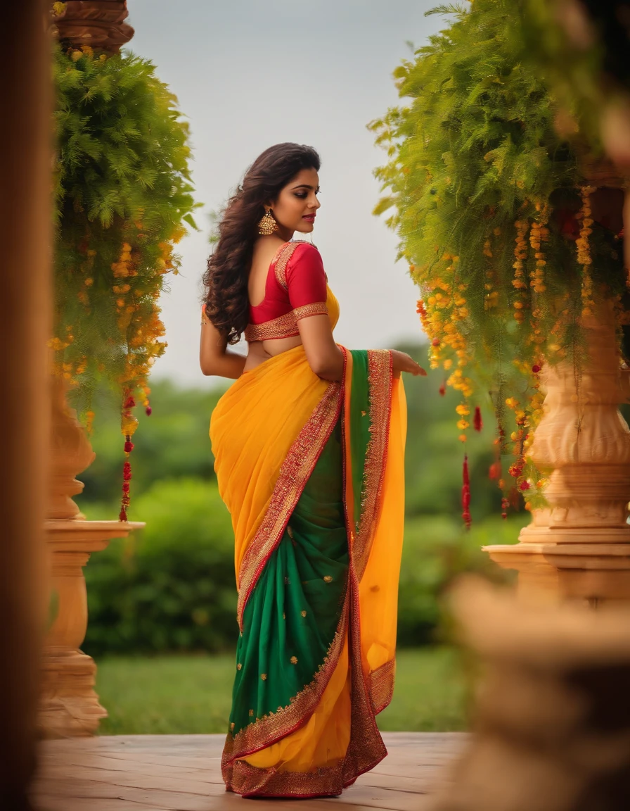 Beautiful saree with gajrey in hair, open eyes, background not blurred, sunlight scene, evening time, ultra 8K result, beautiful body, full body, full body view, ful body scene,