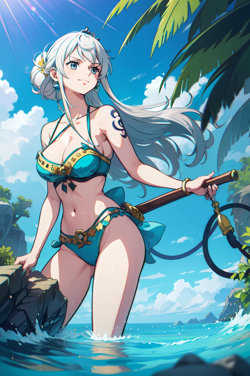 (best quality,4k,8k,highres,masterpiece:1.2), ultra-detailed, (realistic,photorealistic,photo-realistic:1.37), vibrant colors, dynamic lighting, anime style, girl with white hair, cute expression, detailed eyes, luscious lips, member of Heart Pirates, full-body view, pirate outfit, confident posture, holding a cutlass, standing in a tropical jungle, sunlight filtering through the leaves, vibrant flowers blooming around her, a mischievous smile on her face, a small monkey perched on her shoulder, intricate tattoos on her arms and legs, a decorative hairpin adorned with a skull and crossbones clip, wind blowing her hair softly, creating a sense of movement, background of a pirate ship sailing on a calm turquoise sea, clear blue sky with fluffy white clouds, sense of adventure and freedom permeating the scene, overall playful and lively atmosphere.