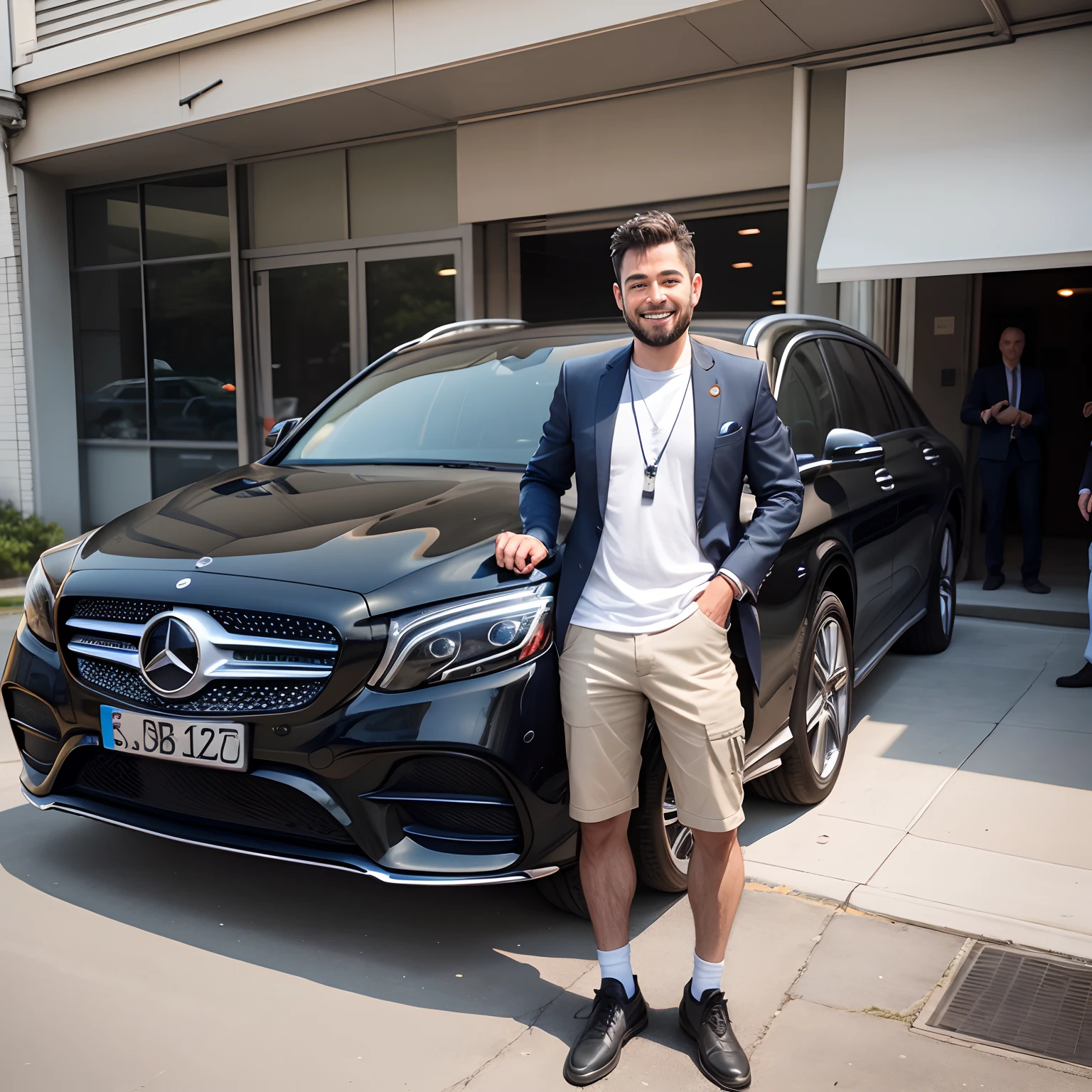 person standing next to a brand-new Mercedes-Benz car. He smiling with great joy and are unveiling the bright cover over their new car. In their other hand, they proudly display the Mercedes keys. Ownership of the new car