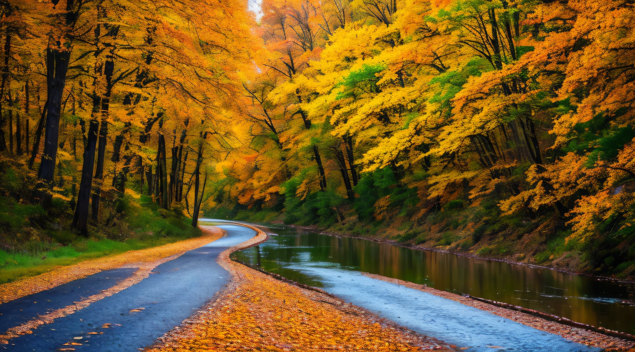 a photo of a winding road, river running beside, autumn trees, wild flowers, autumn, art by, jean - honoré fragonard, natural lighting, global illumination, intricate, insanely detailed, ultra realistic, hdr 16k, canon 135m aperture 2.8 iso 100, speed 160, uhd, octane render, perfect composition, masterpiece, post processing --auto