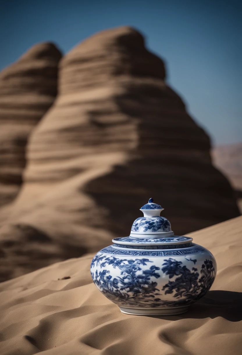 chinaware，Chinese porcelain is piled up in the desert，Irregular placement，Piled up into a hill，There was a man standing in the middle，Photographic works，Heads-up，baiyun，blue-sky，