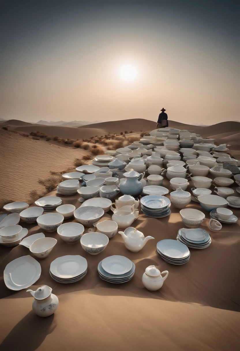 chinaware,Chinese porcelain is piled up in the desert,Irregular placement,Piled up into a hill,There was a man standing in the middle,Photographic works,Heads-up,baiyun,blue-sky,
