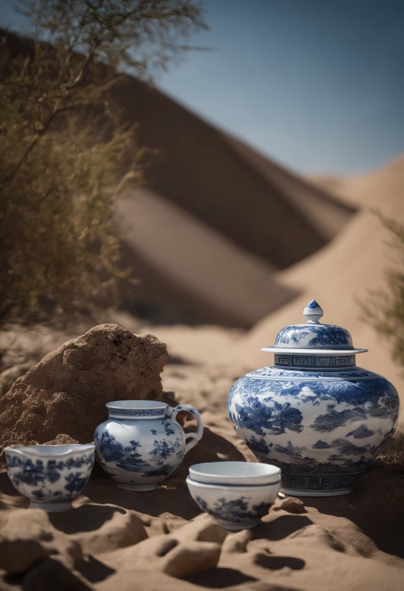 chinaware,Chinese porcelain is piled up in the desert,Irregular placement,Piled up into a hill,There was a man standing in the middle,Photographic works,Heads-up,baiyun,blue-sky,