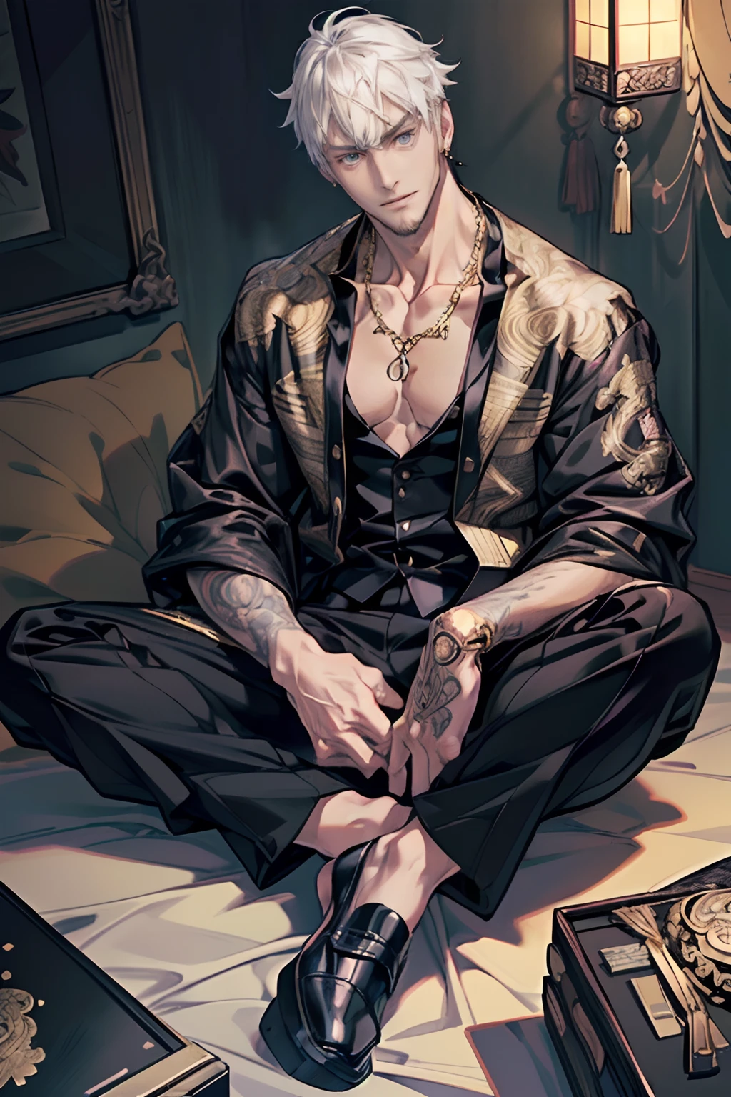 A strong and handsome 35 year old Japanese yakuza man sits in a spacious traditional Japanese room, Super short blonde hair, trimmed beard, Very masculine face shape, Wide face, Reveal an evil and flirtatious smile, (((Bleak white complexion, The body is covered with delicate and gorgeous Japanese tattoo designs, Wear simple earrings and a gold necklace, Wear a gorgeous black and gold printed shirt and black suit pants in a Versace style, Wear gold mirrored leather shoes))), natural light in room, Strong contrast between light and shadow, ((Extremely dark environment)), Cinematic full-lens camera, (high detal:1.8), (Camera FS), (Full shot), Art style, (((perfect bodies, Perfect face, Perfect eye))), dangerous, bad-ass, Epic, Male, Anime style, Vector illustration, ((by Ghibli Studio)), Makoto Shinkai, (com rosto detalhado:1.8), (low-saturation)