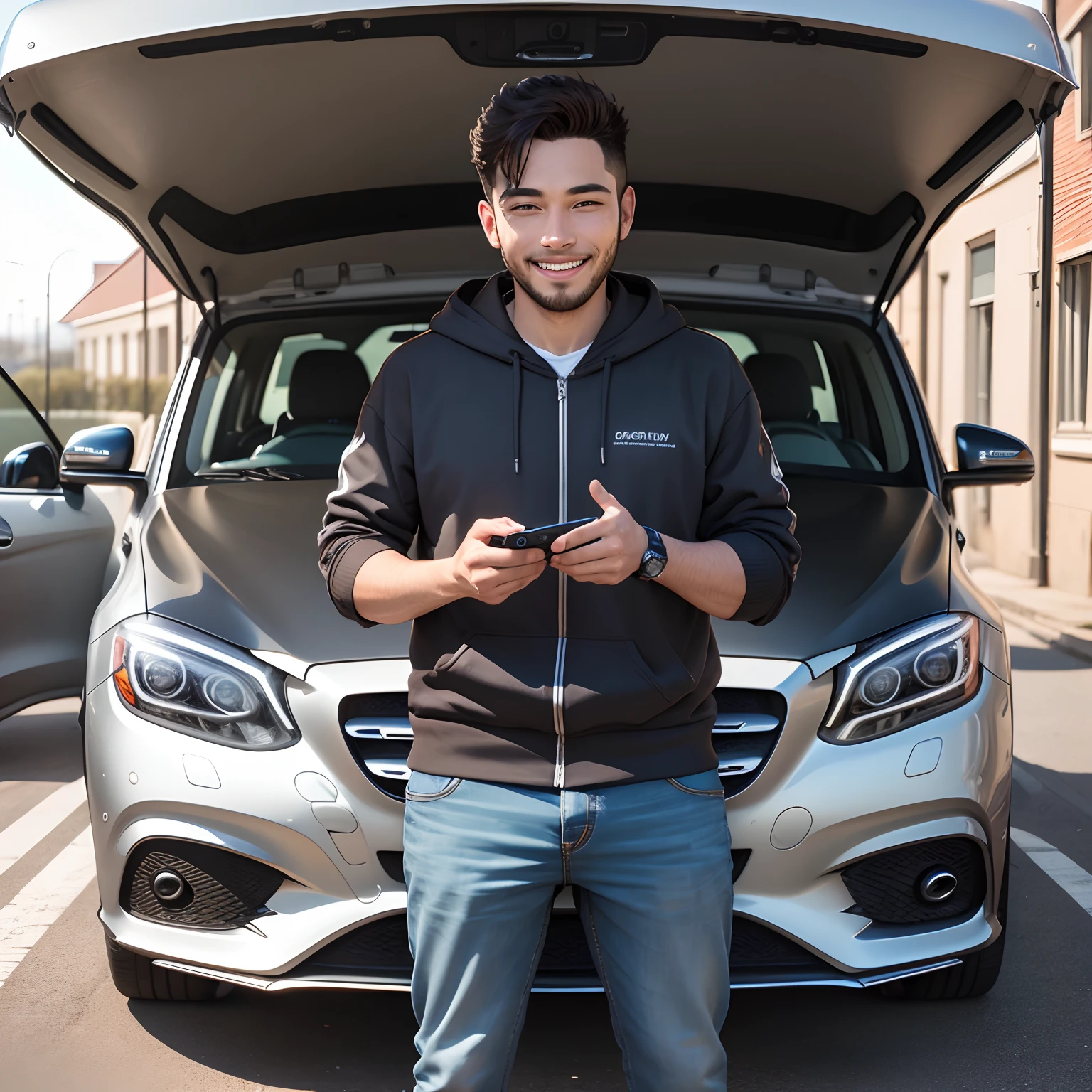 person standing next to a brand-new Mercedes-Benz car. He smiling with great joy and are unveiling the bright cover over their new car. In their other hand, they proudly display the Mercedes keys. Ownership of the new car