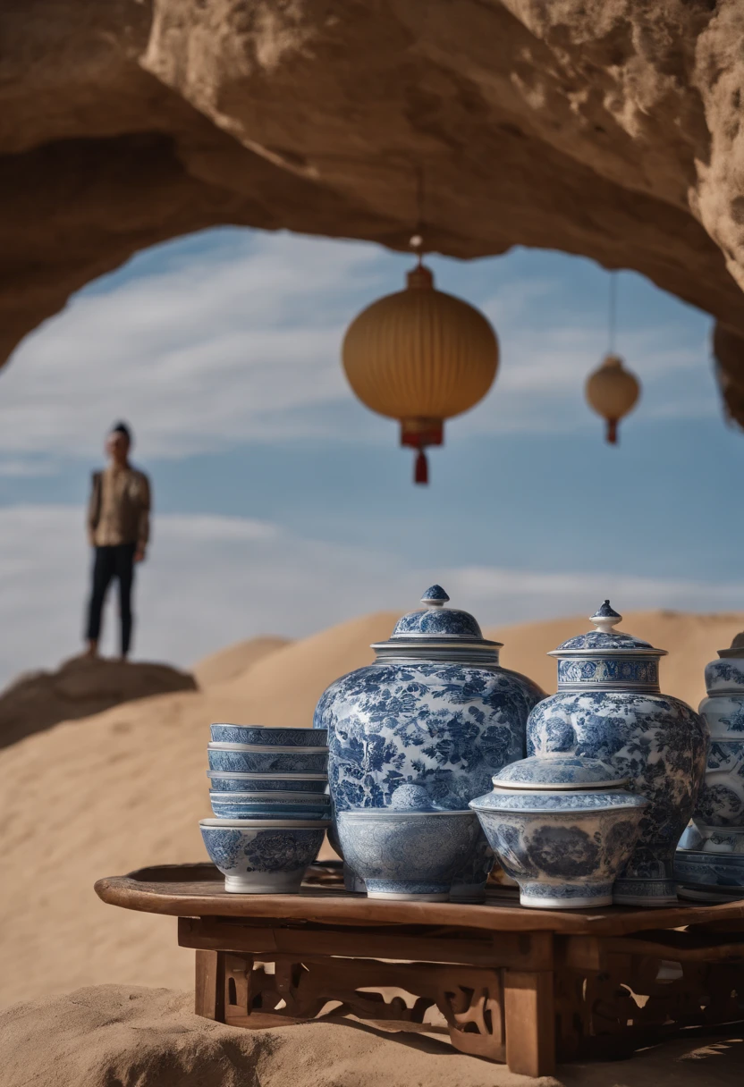 Huge porcelain,Chinese porcelain is piled up in the desert,Piled up into a hill,There was a man standing in the middle,Photographic works,Heads-up,baiyun,blue-sky,Detail presentation