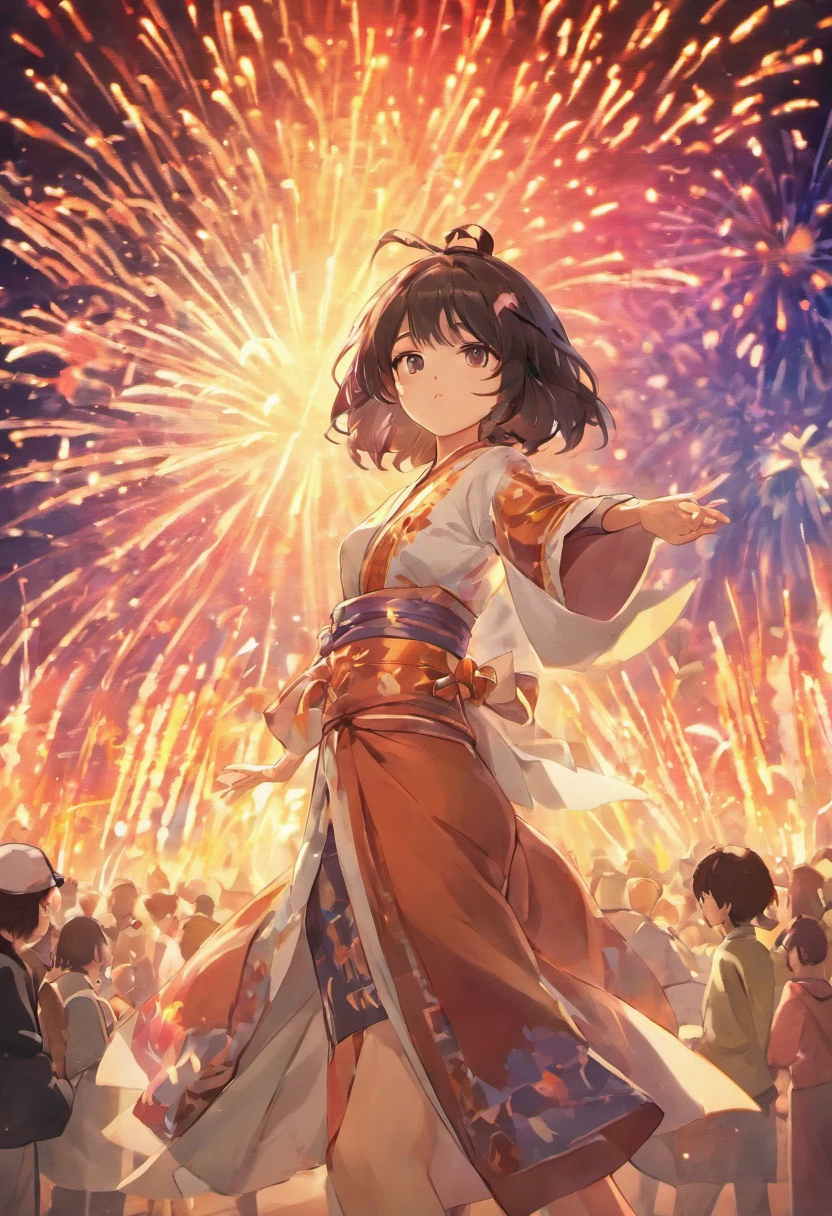 Summer Day Festival,fire works,Background of the ceremonial temple fair,A twenty-year-old woman wears a light-colored Japanese kimono,Black color hair,Shoulders exposed,crisp breasts,cleavage,Clear detail,orthofacial