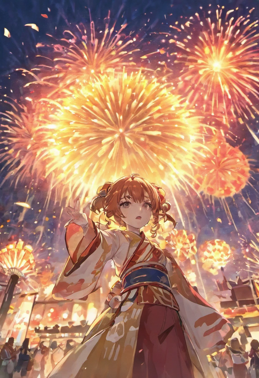 Summer Day Festival，fire works，Background of the ceremonial temple fair，A twenty-year-old woman wears a light-colored Japanese kimono，Black color hair，Shoulders exposed，crisp breasts，cleavage，Clear detail，orthofacial