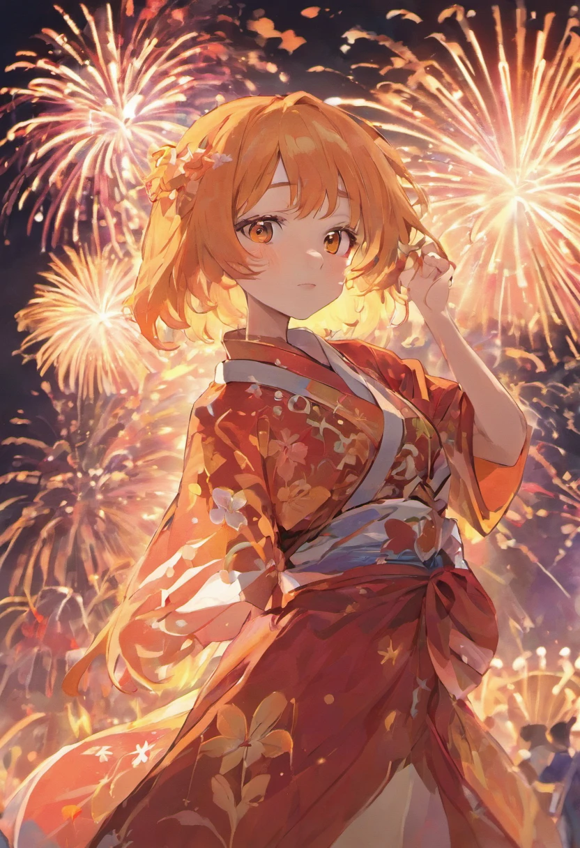 Summer Day Festival，fire works，Background of the ceremonial temple fair，A twenty-year-old woman wears a light-colored Japanese kimono，Black color hair，Shoulders exposed，crisp breasts，cleavage，Clear detail，orthofacial