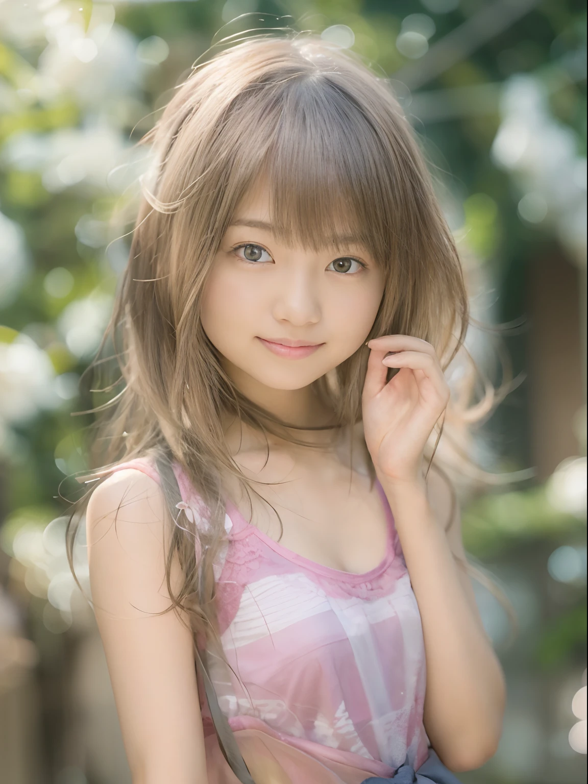 (8K, top-quality, masterpiece:1.2), (realisitic, Photorealsitic:1.37), ultra-detailliert, One girl,cute little, 独奏,Beautiful detailed sky,date,(Nasal blush),(A smile:1.15),(a closed mouth)tiny chest、beatiful detailed eyes、(length hair: 1.2)、Floating Hair NovaFrogStyle、The upper part of the body、Tank Tops、An 18-year-old woman、Happy smile
