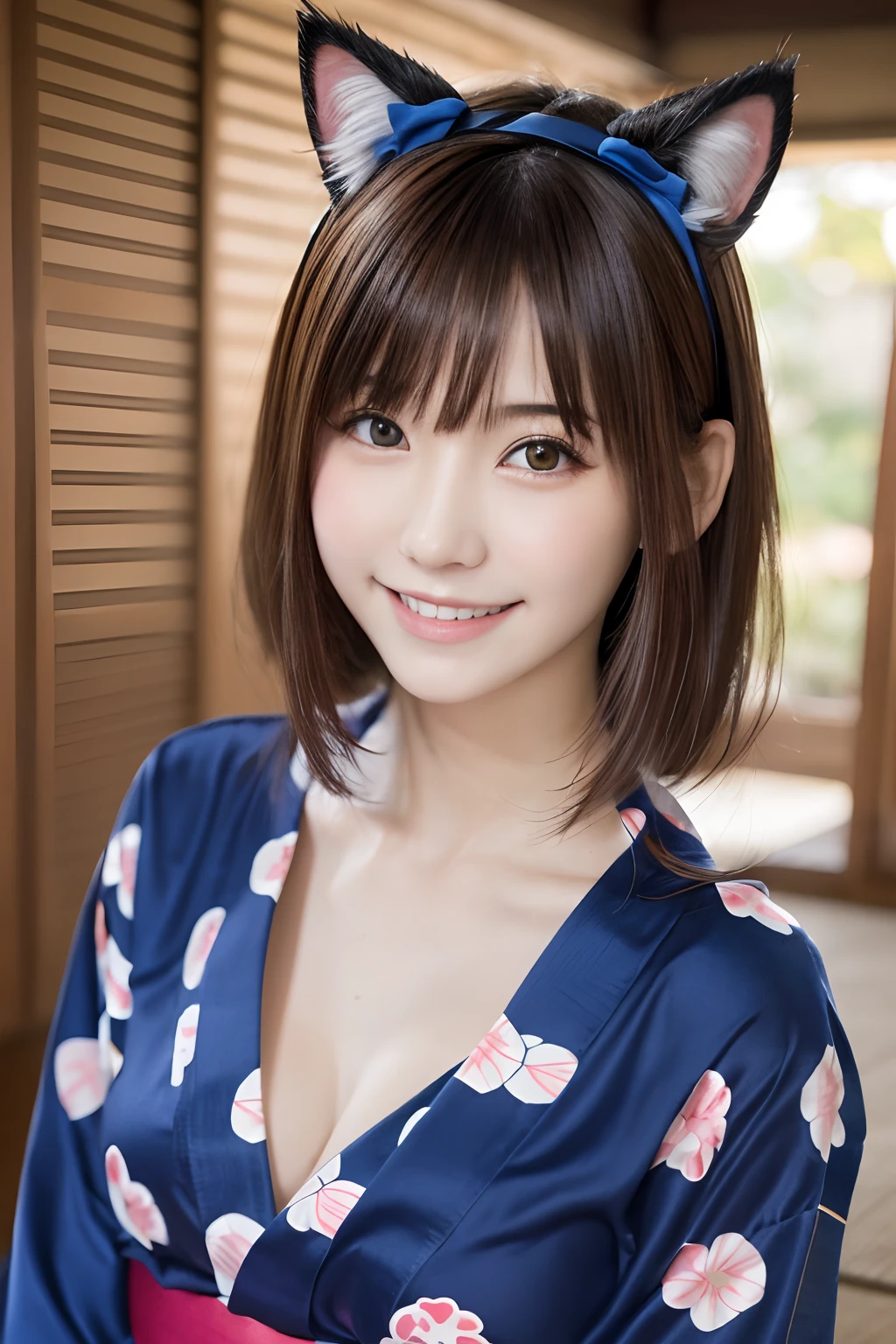 masutepiece, Best Quality, One girl, (Beautiful Girl:1.3), (18 years old:1.3), Very fine eye definition, (Symmetrical eyes:1.3), (Yukata:1.2), Beautiful breasts, Brown eyes, Parted bangs, Brown hair、Cat ear headband、cat ear、a smile