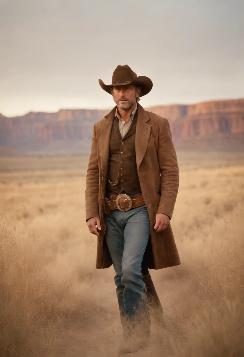 color photo of a rugged cowboy on horseback,

weathered face with a five o'clock shadow,

wearing a worn-out Stetson hat,

a leather vest adorned with fringe,

faded denim jeans with patches,

exuding a sense of toughness and resilience,

surrounded by vast, dusty plains,

under a fiery orange sunset,

withno other souls in sight,

the sound of a gentle breeze rustling through the grass,

the distant cry of a lone coyote,

the earthy scent of hay and leather,

a mix of serenity and untamed wildness,

captured on a vintage Polaroid camera,

using expired Kodak Portra film,

with a 50mm prime lens,

employing a shallow depth of field,

as if frozen in a timeless moment,

directed by Sergio Leone,

cinematography by Roger Deakins,

photography by Annie Leibovitz,

styled by Ralph Lauren and

designed by Alexander McQueen. —c 10 —ar 2:3