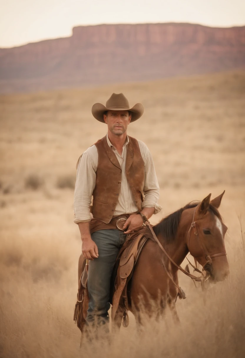color photo of a rugged cowboy on horseback,

weathered face with a five o'clock shadow,

wearing a worn-out Stetson hat,

a leather vest adorned with fringe,

faded denim jeans with patches,

exuding a sense of toughness and resilience,

surrounded by vast, dusty plains,

under a fiery orange sunset,

withno other souls in sight,

the sound of a gentle breeze rustling through the grass,

the distant cry of a lone coyote,

the earthy scent of hay and leather,

a mix of serenity and untamed wildness,

captured on a vintage Polaroid camera,

using expired Kodak Portra film,

with a 50mm prime lens,

employing a shallow depth of field,

as if frozen in a timeless moment,

directed by Sergio Leone,

cinematography by Roger Deakins,

photography by Annie Leibovitz,

styled by Ralph Lauren and

designed by Alexander McQueen. —c 10 —ar 2:3