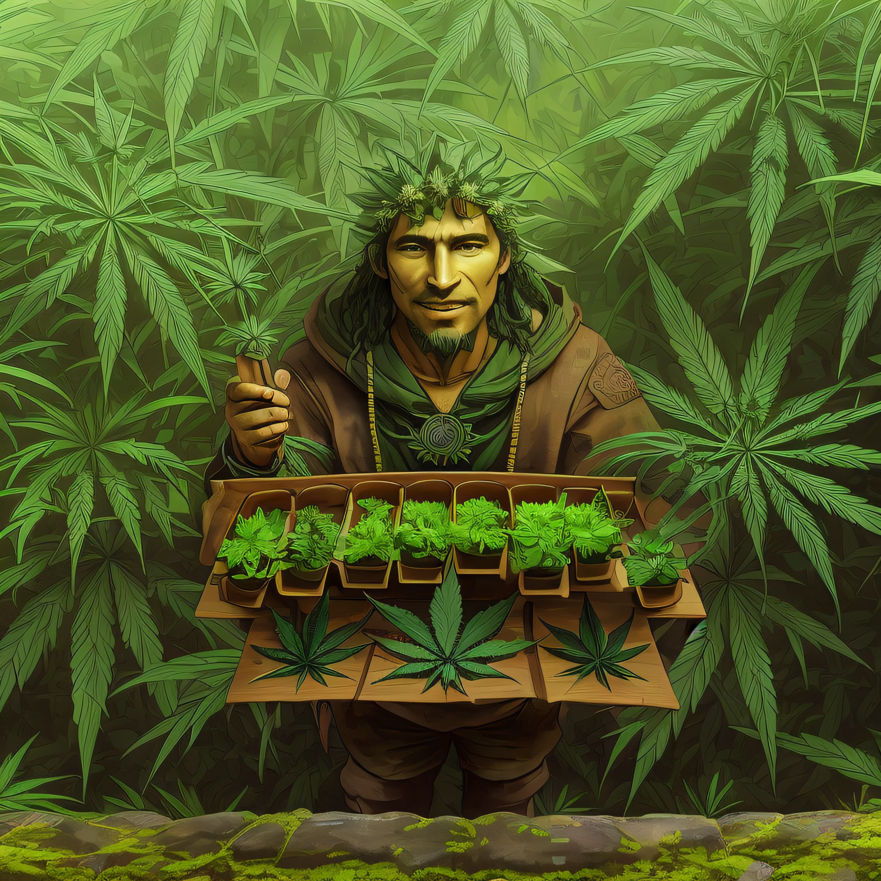 Druid Man holding a tray of marijuana plants in front of a forest, personnification de la marijuana, plantes de marijuana, Chaman fleur, cannabis!, Peinture organique de marijuana, marijuana!, Princesse du cannabis, cannabis, Cannabis paranoia, marijuana, Works of art of very high quality, Plant spirit, verdure de marijuana, cannabis, Fond de mauvaises herbes, Psychedelic organic shaman, herbe, Stoner