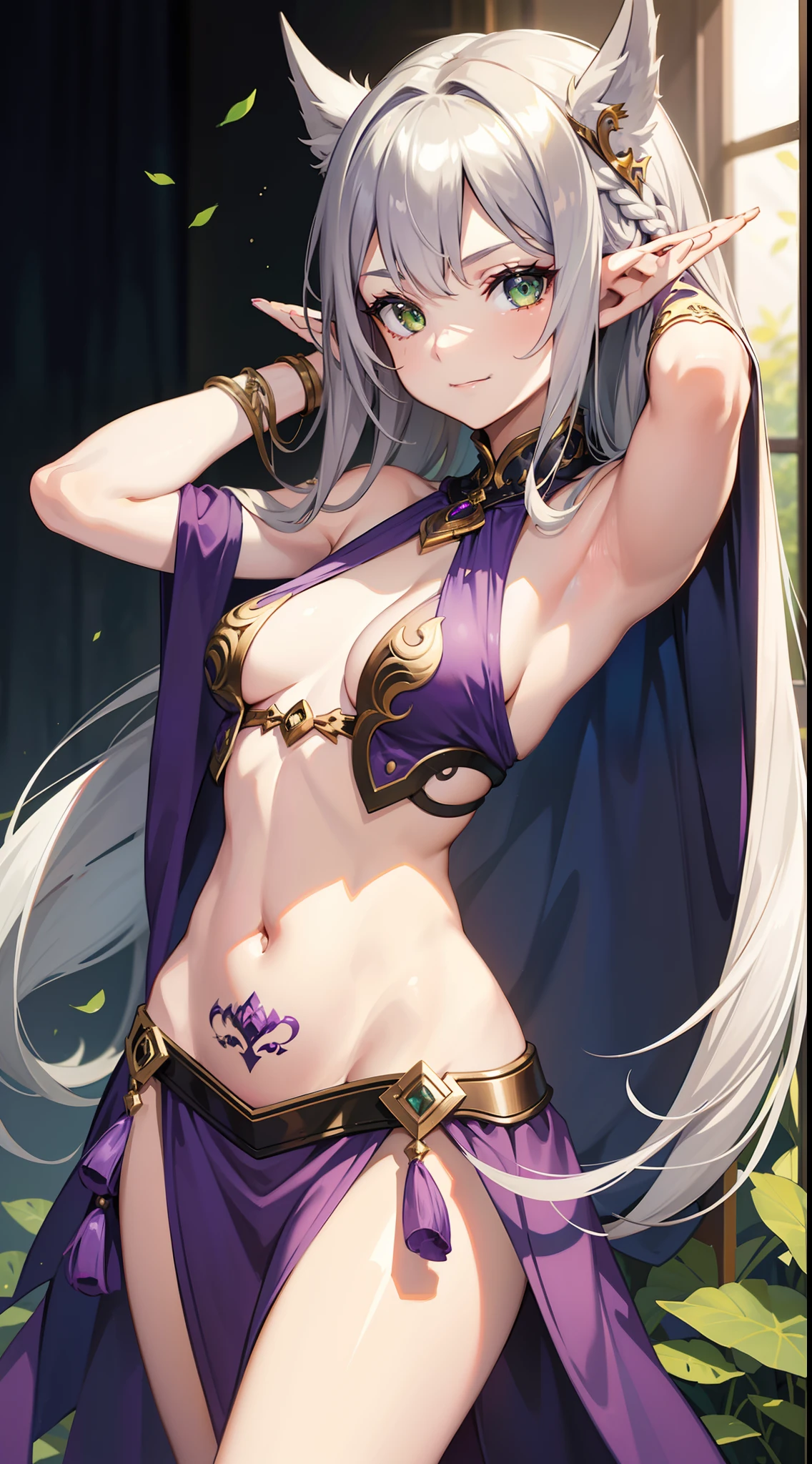 Young girl, long gray hair, elf ears, green eyes, smirk, tattoo, purple dress, gold elements, sexy, sleeveless, open breasts, flat chest, open belly, feet shoulder width apart, hands behind head, Masterpiece, hiquality, 4k, HD, Good detail
