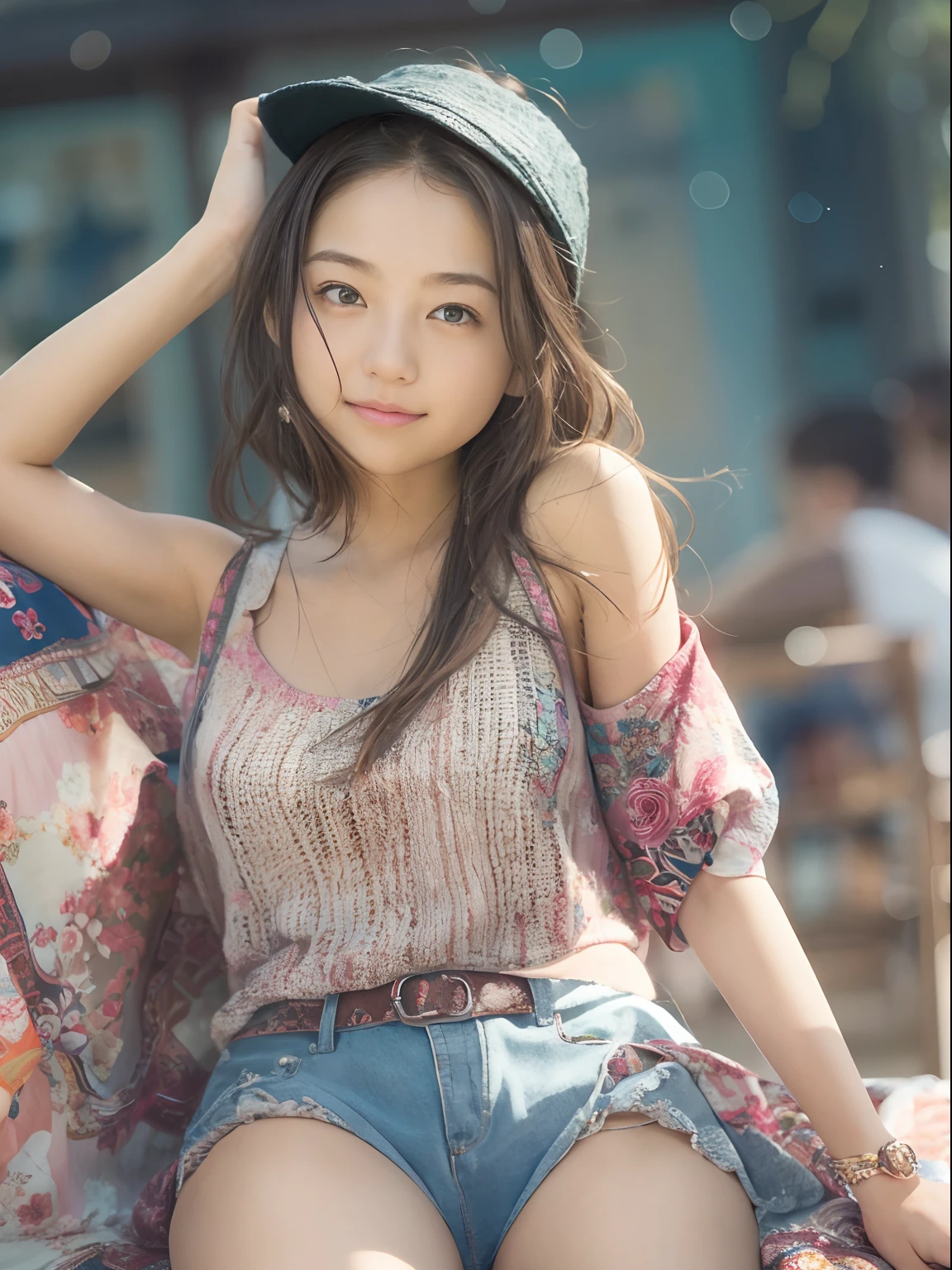 (8K, top-quality, ​masterpiece:1.2), (realisitic, Photorealsitic:1.37), ultra-detailliert, １Girl of Man,cute little, 独奏,Beautiful detailed sky,date,(Nasal blush),(A smile:1.15),(a closed mouth)tiny chest、beatiful detailed eyes、(length hair: 1.2)、Floating Hair NovaFrogStyle、The upper part of the body、Tank Tops、An 18-year-old woman、Happy smile