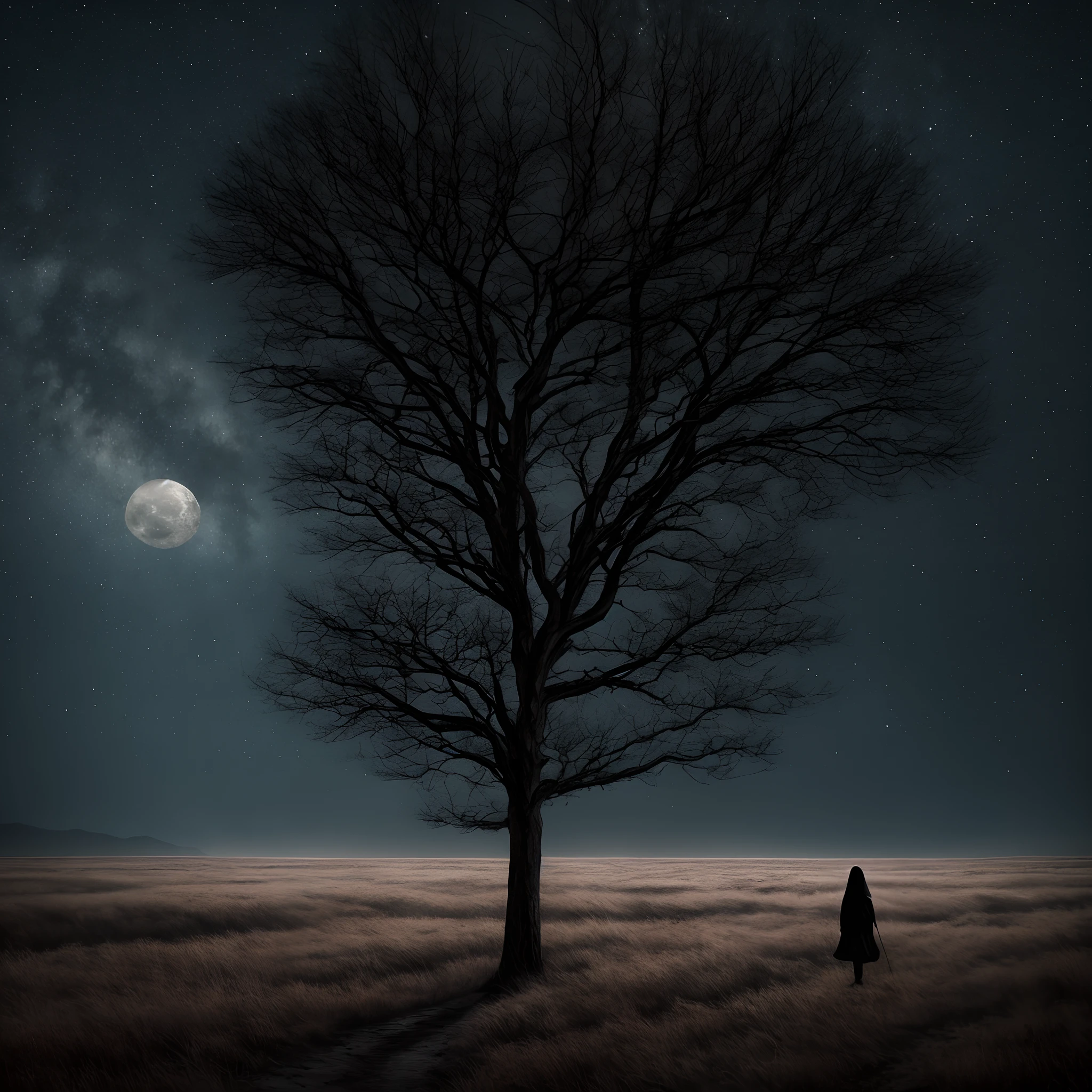 Death in the form of a woman walking in the wilderness, lonely tree, night