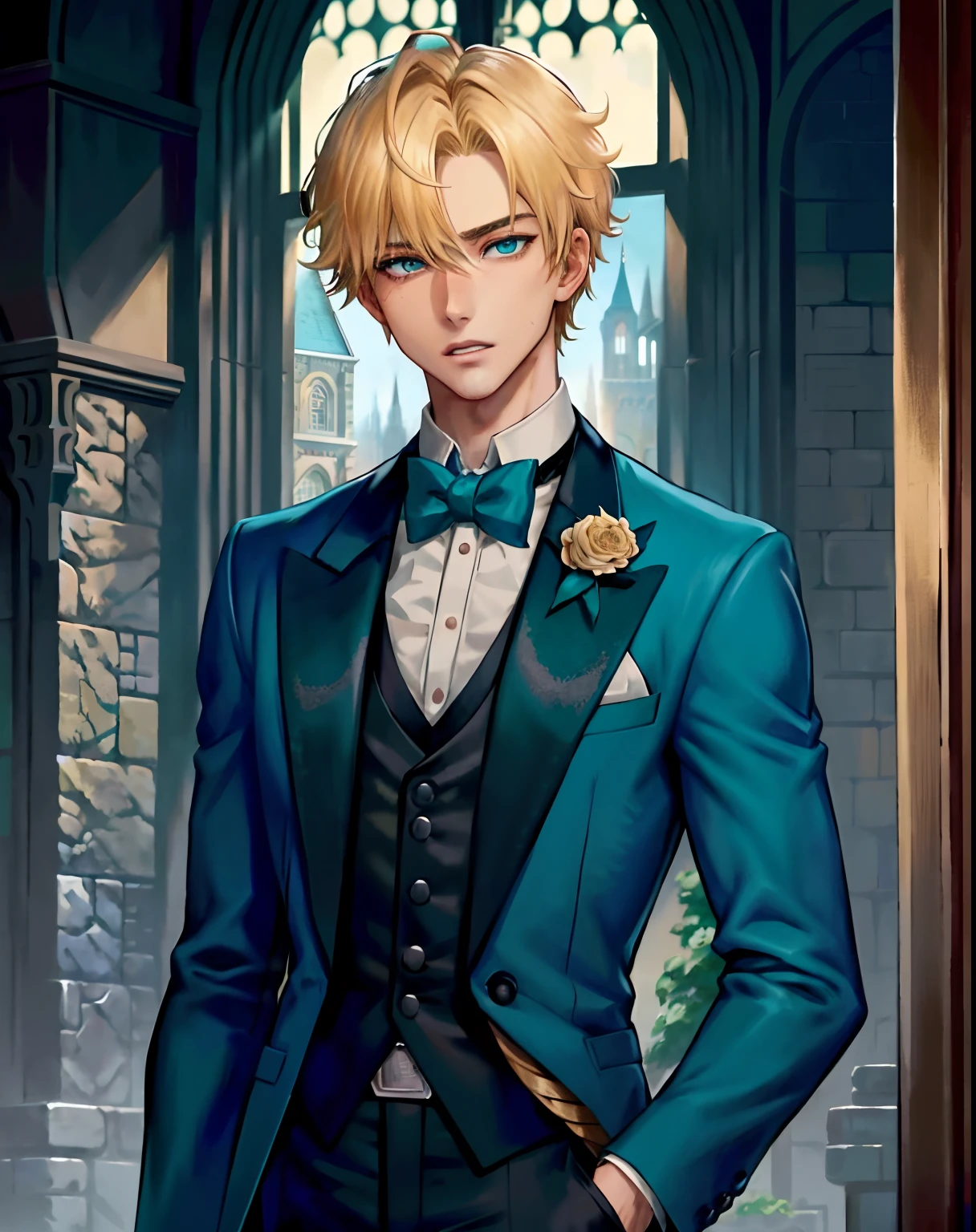 1boy, (man), manly body, anime, extremely detailed, hyper detailed, (broad shoulders), (PERFECT FACE), illustration, soft lighting, 2d, intricate, cowboy shot, detailed eyes, blonde hair, short hair, teal eyes, sexy, toned, black tuxedo, (outside), castle tower